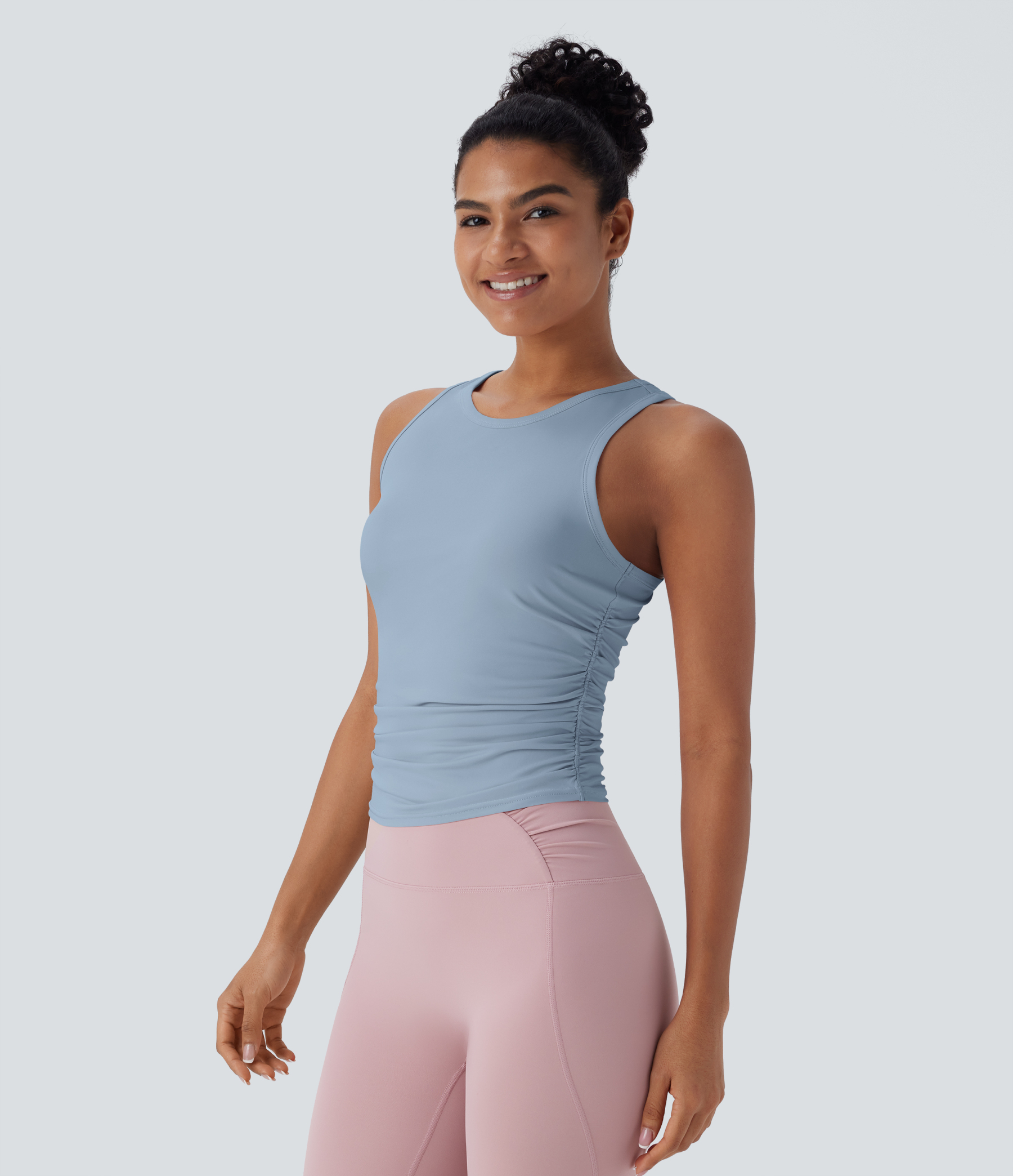 Round Neck Racerback Ruched Yoga Tank Top