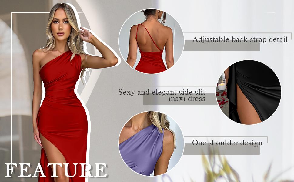 OYS Women's Sexy One Shoulder Satin High Split Cocktail Fit Wedding Party Maxi Formal Dress