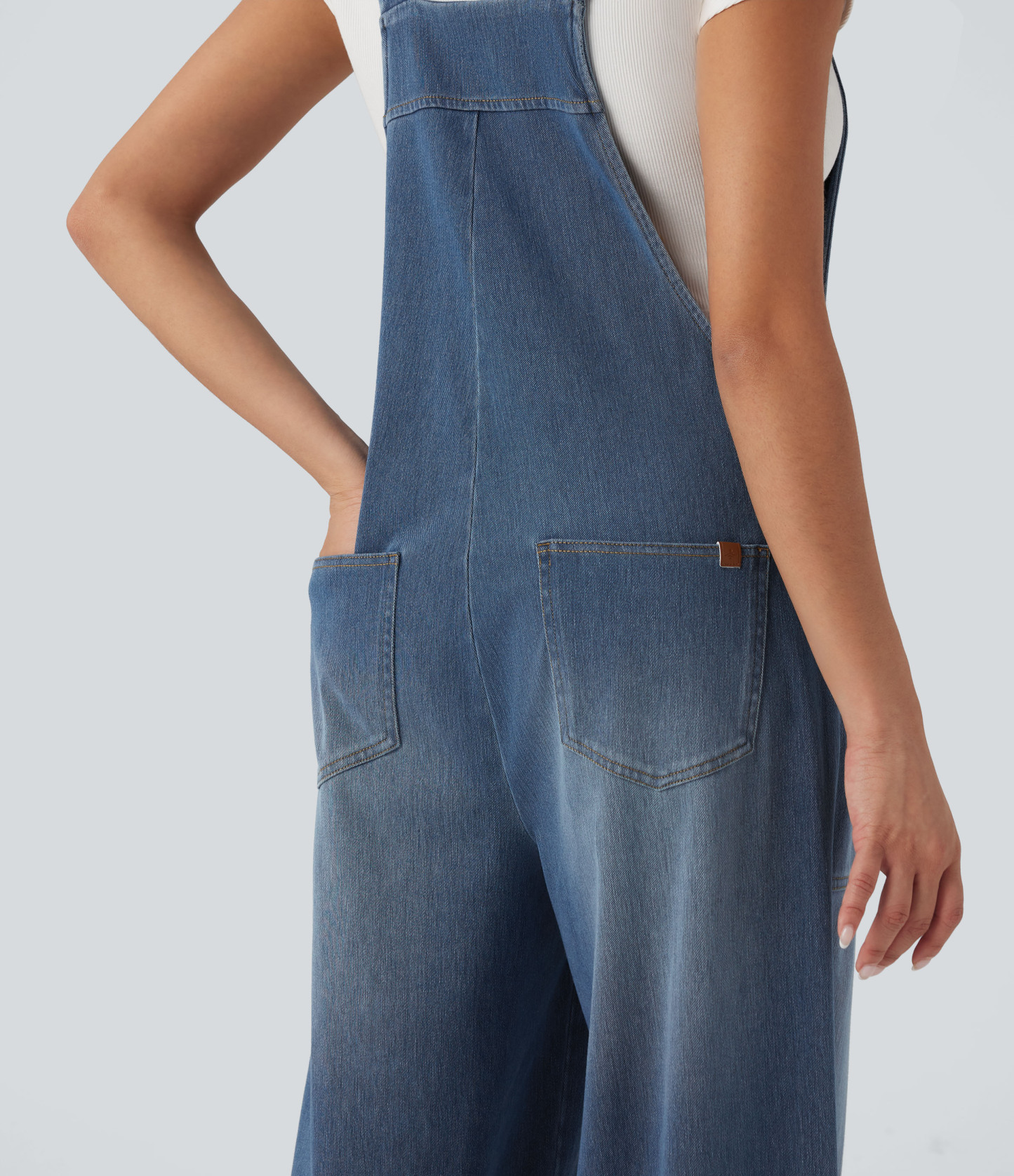 Square Neck Washed Denim Casual Overalls with Pockets