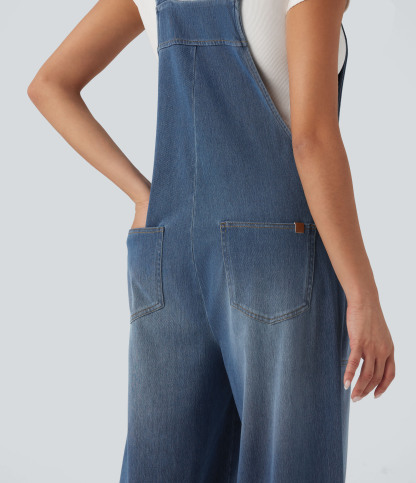 Square Neck Washed Denim Casual Overalls with Pockets