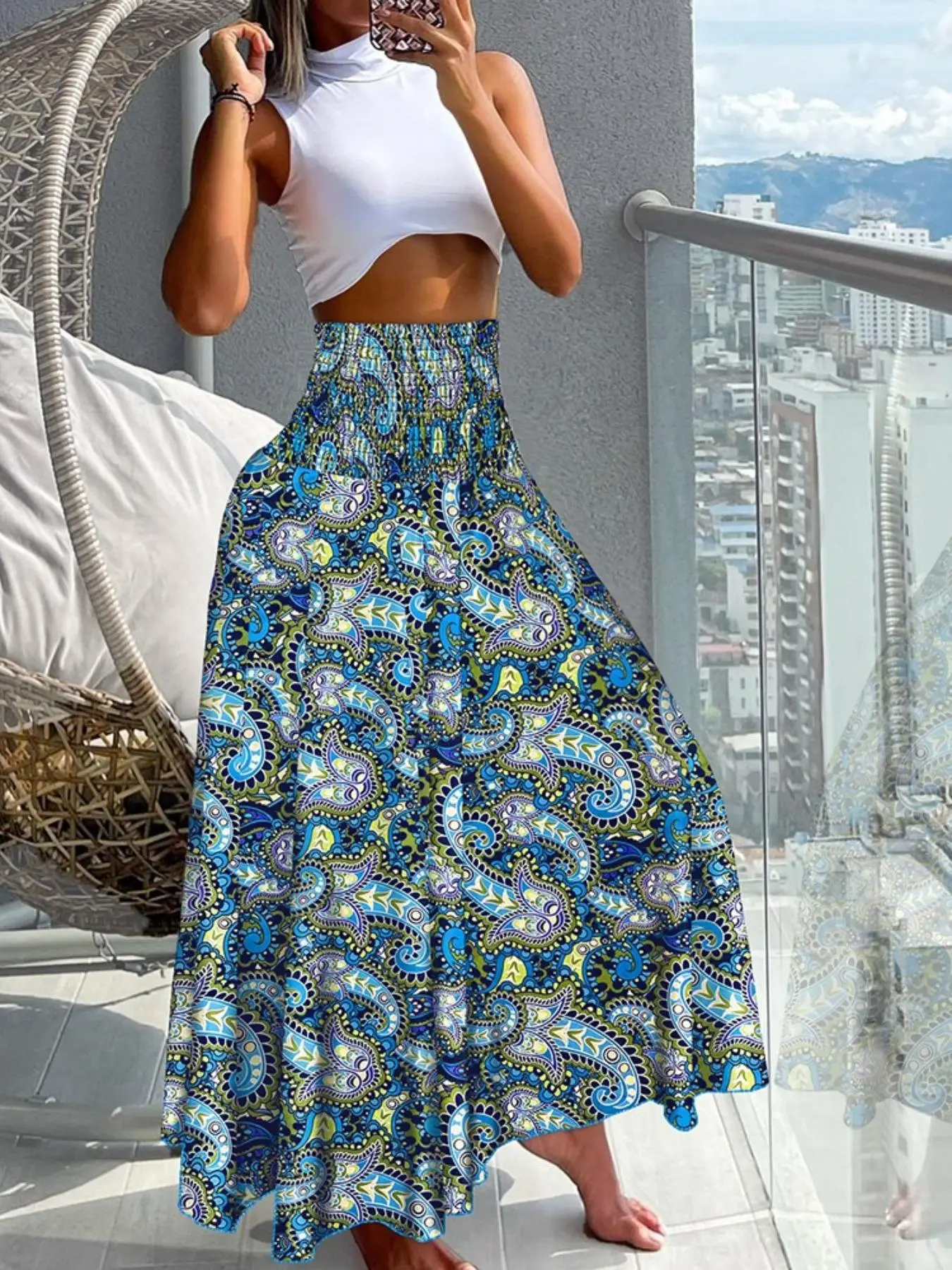 Women's Ethnic Pattern High Waist Wide Leg Pants