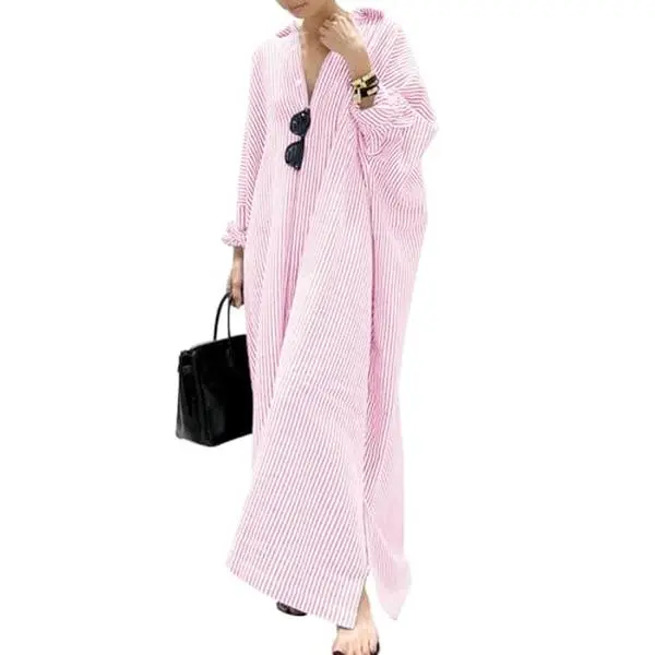 Women's Casual Striped Cotton Maxi Shirt Dress