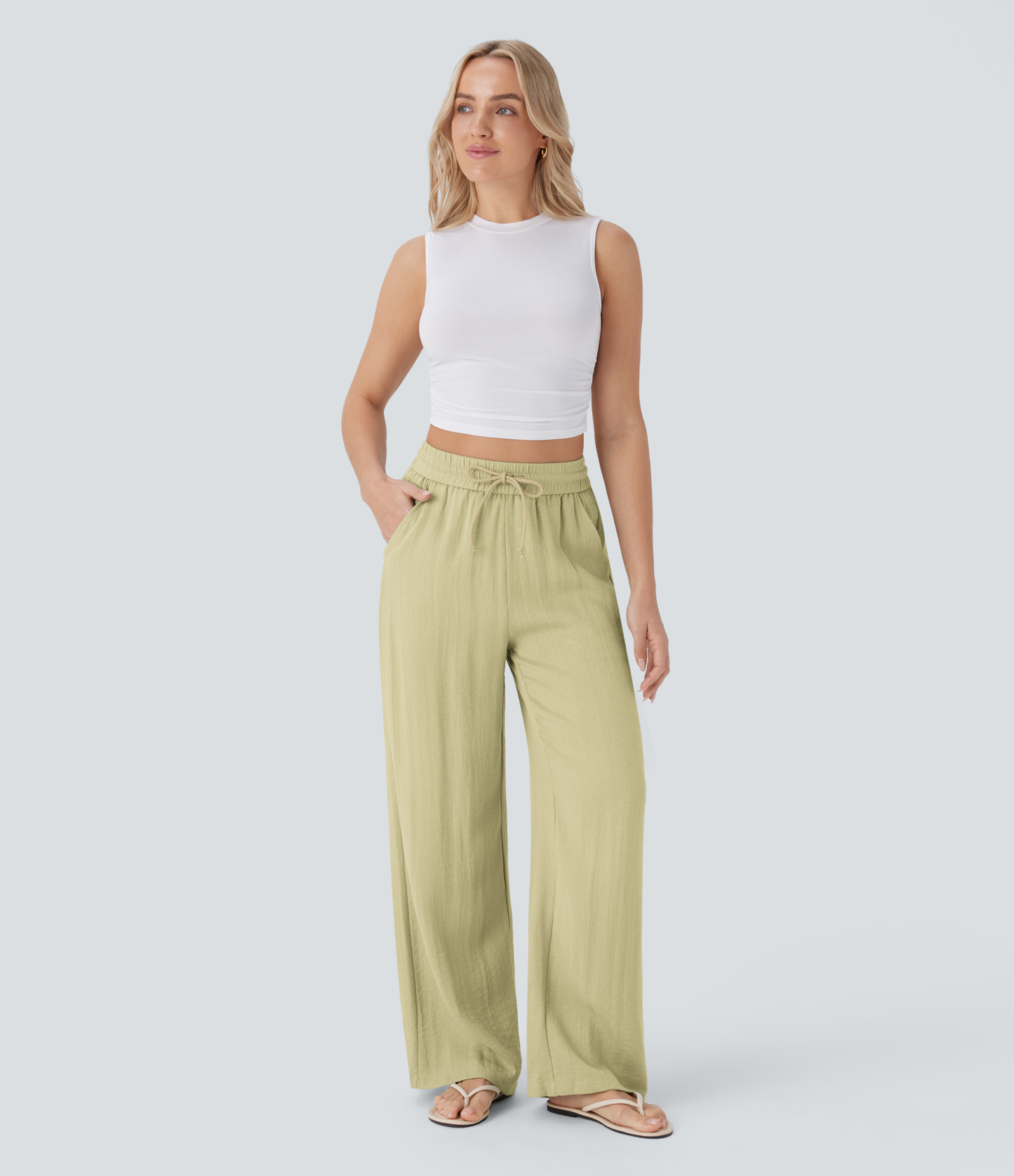 High Waisted Drawstring Pocket Wide Leg Casual Linen-Feel Pants