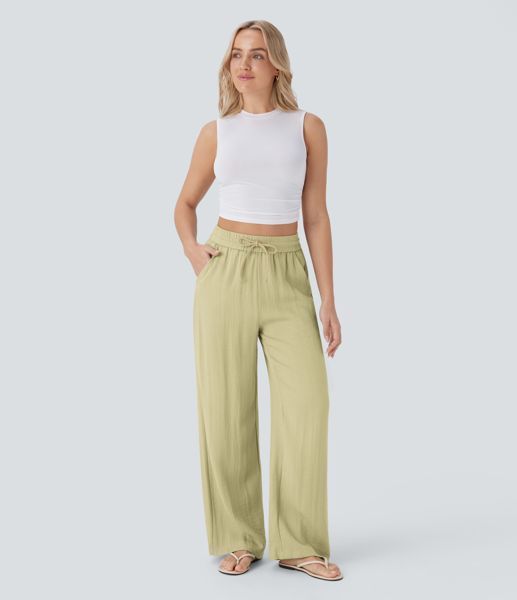 High Waisted Drawstring Pocket Wide Leg Casual Linen-Feel Pants