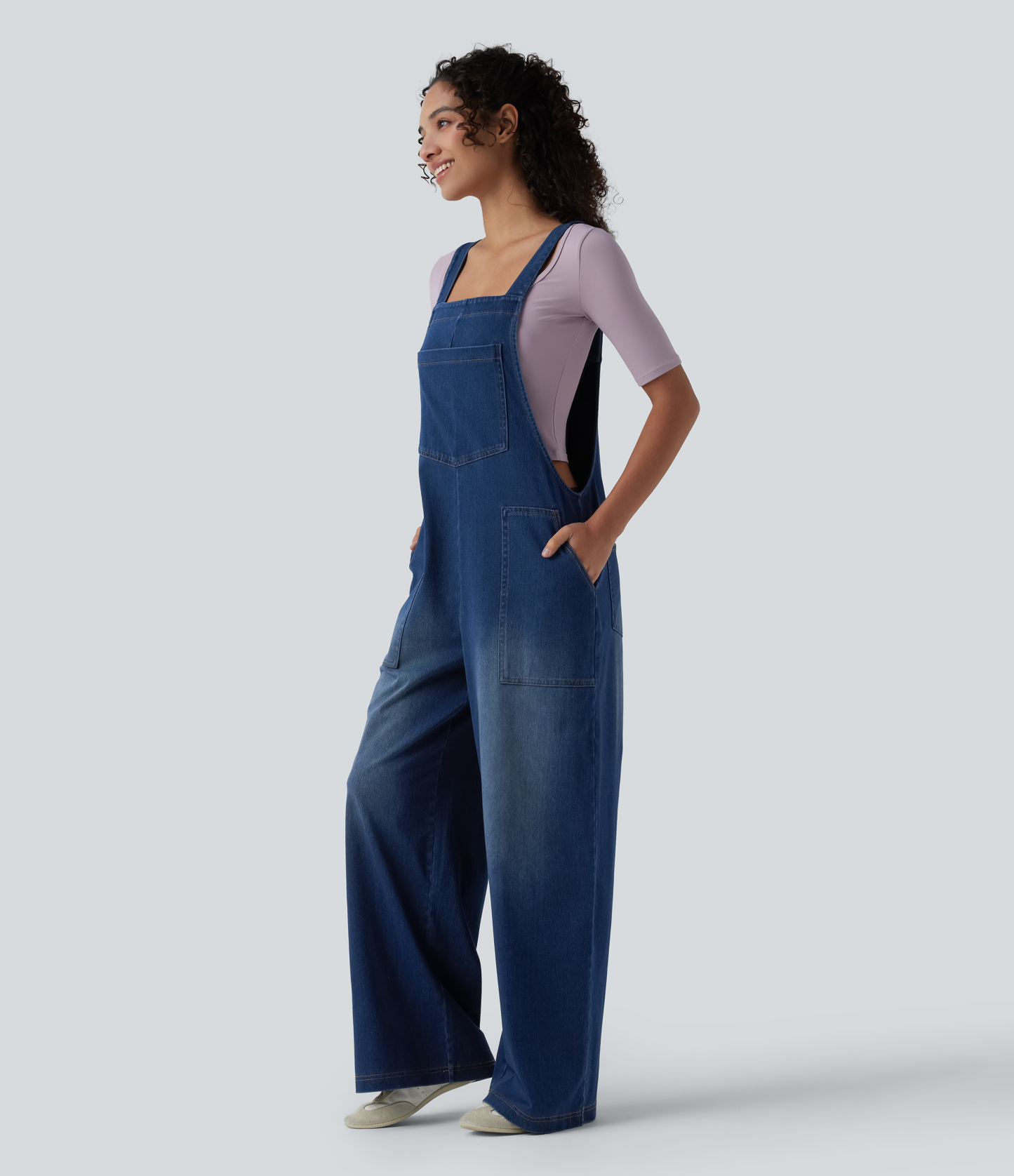 Square Neck Washed Denim Casual Overalls with Pockets