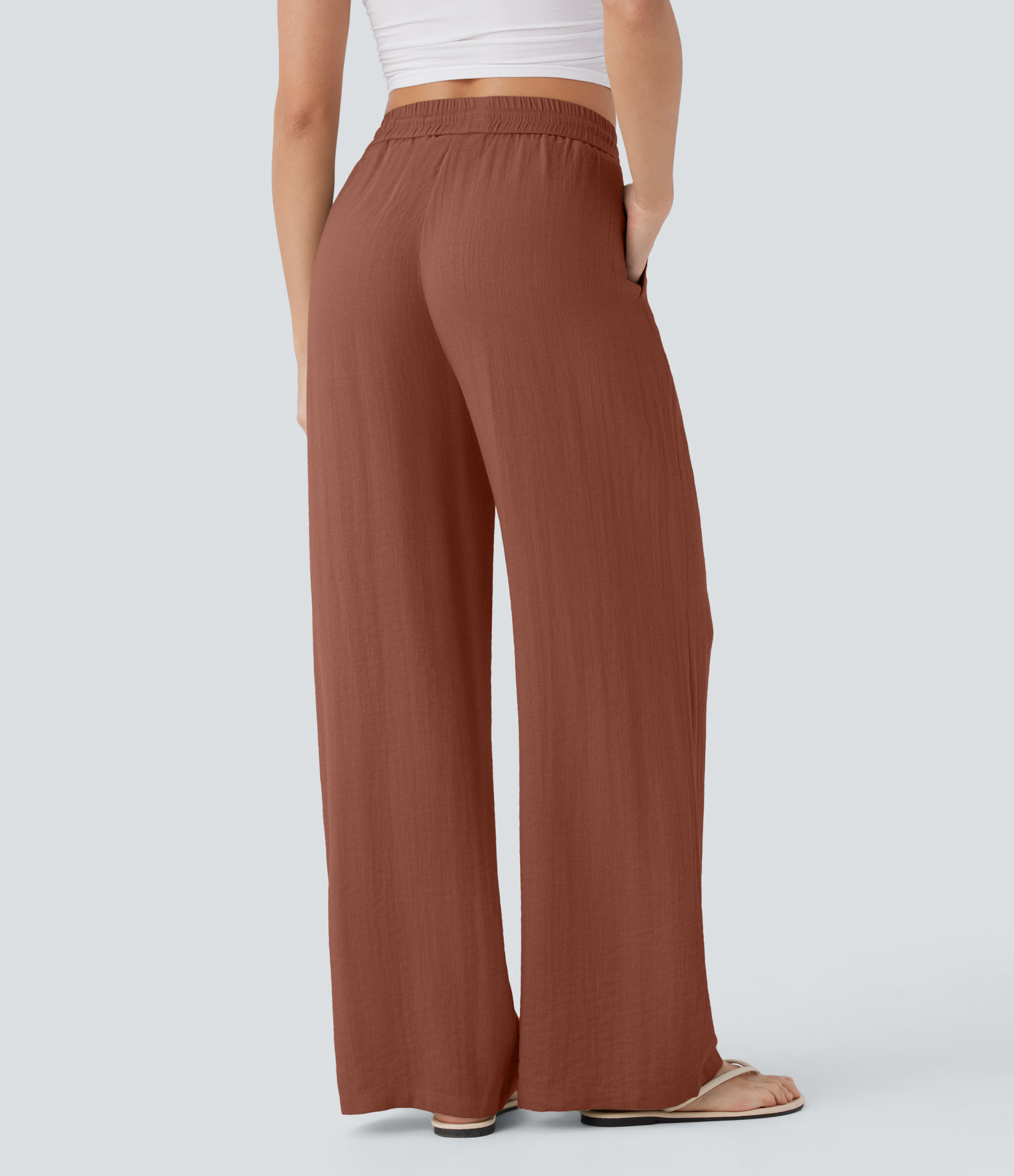 High Waisted Drawstring Pocket Wide Leg Casual Linen-Feel Pants