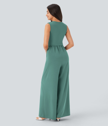 V Neck Sleeveless Ruched Pocket Jumpsuit-Easy Peezy