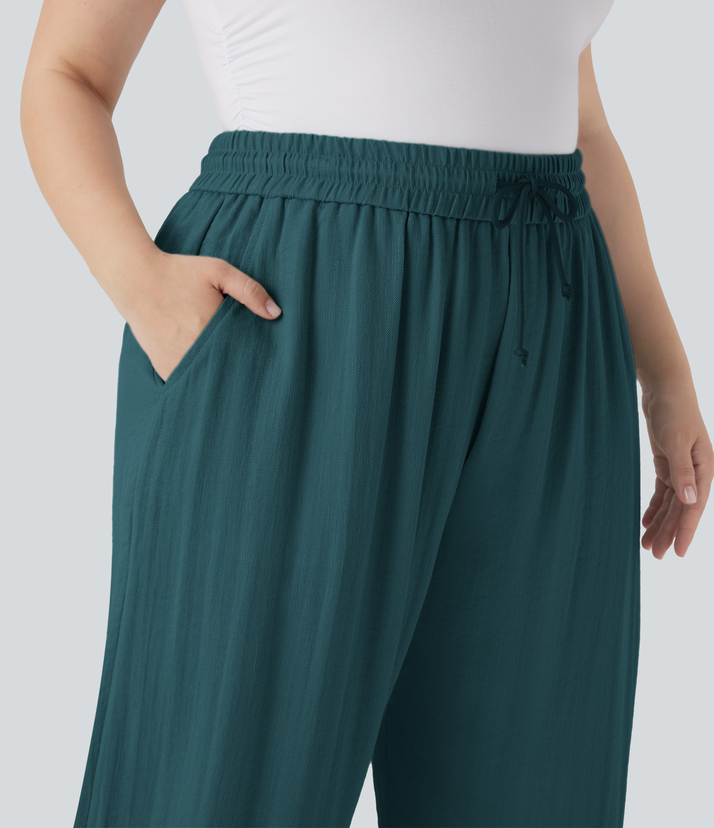 High Waisted Drawstring Linen-Feel Wide Leg Casual Plus Size Pants with Pockets