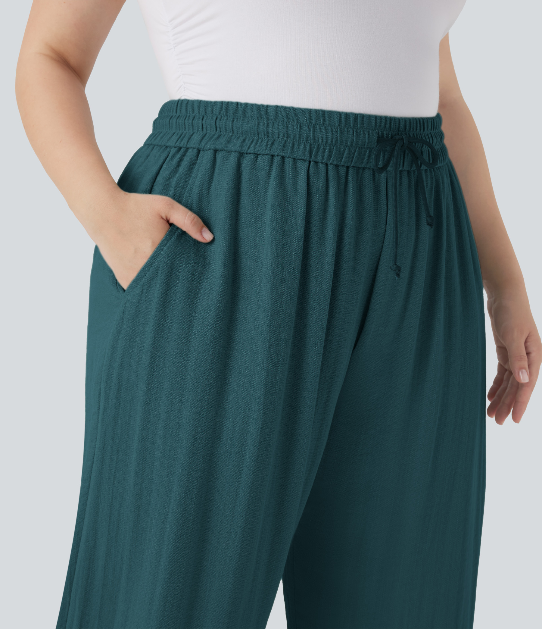 High Waisted Drawstring Linen-Feel Wide Leg Casual Plus Size Pants with Pockets