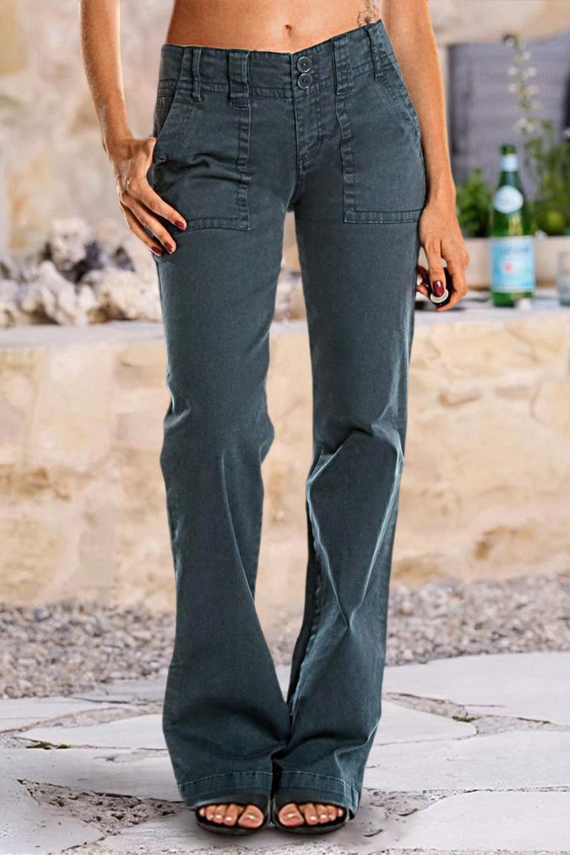 Double Button Mid Waist Straight Leg Pants