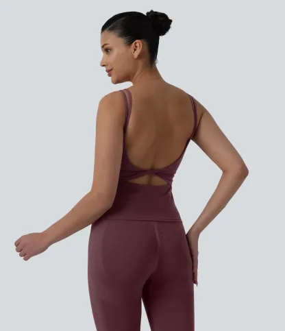 Double-shoulder-strap, Knot-detail, Backless Cropped Yoga Tank – Extended Length