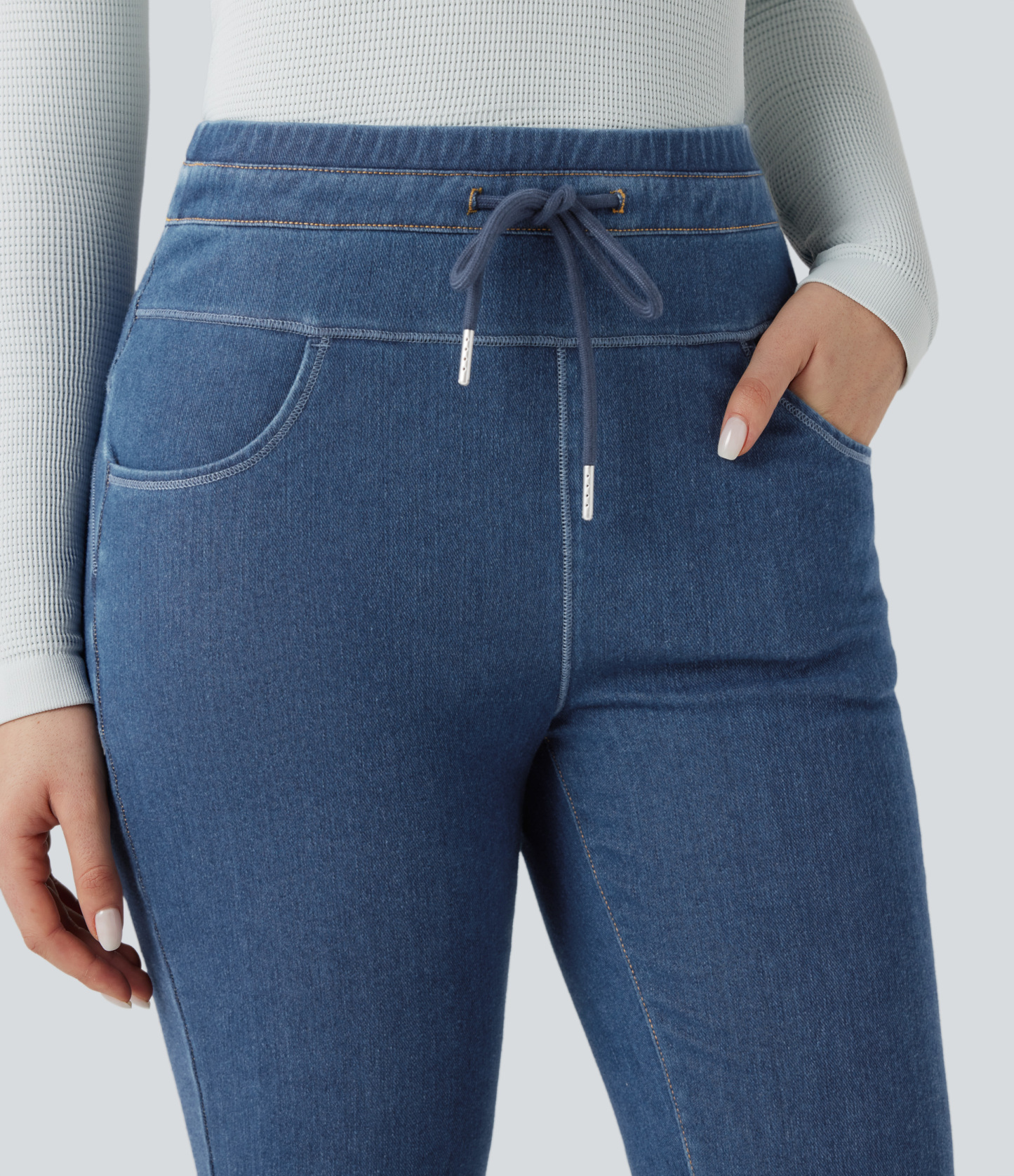 Denim Heat High Waisted Drawstring Casual Flare Leggings with Pockets