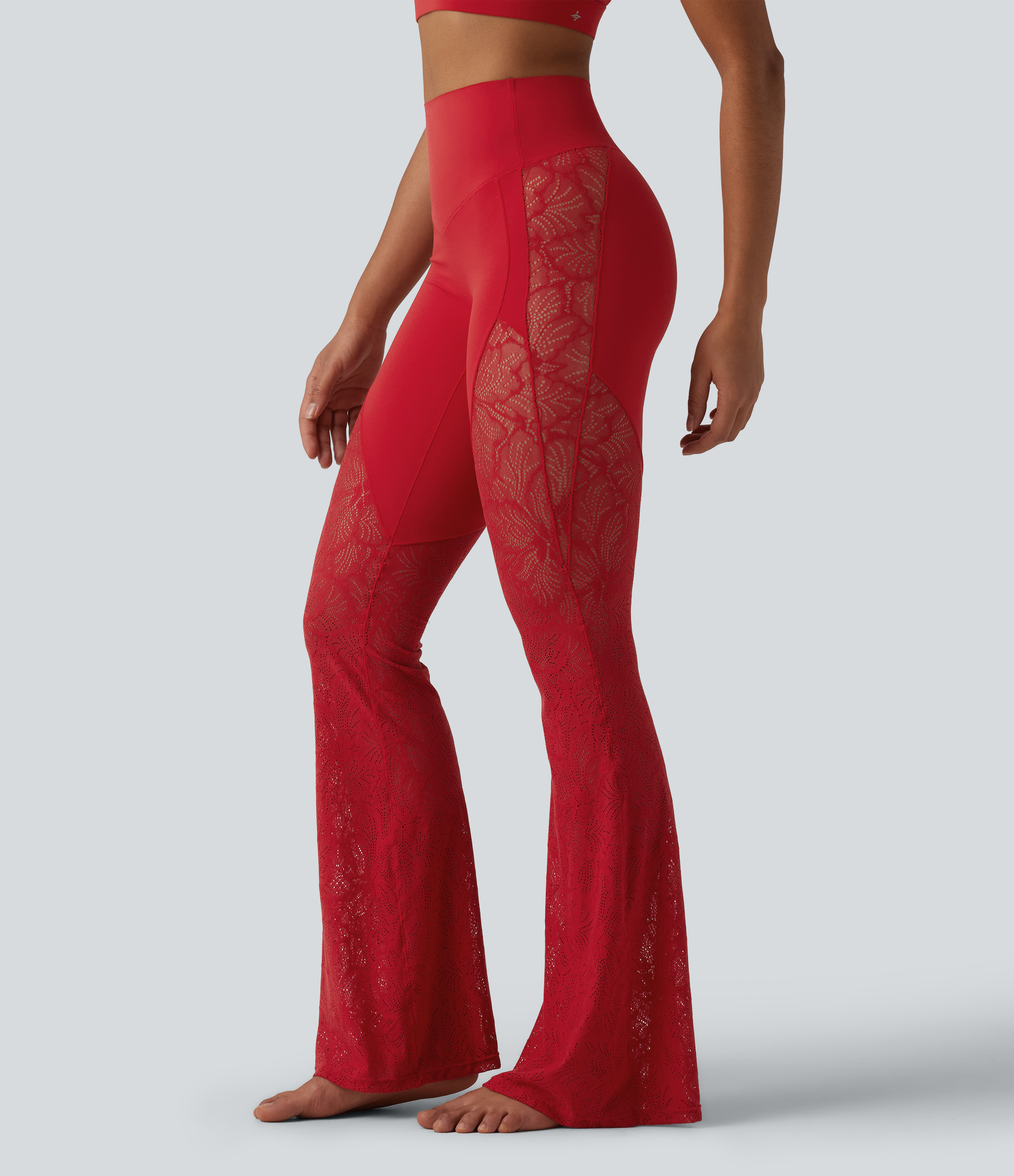 High Waisted Tummy Control Contrast Lace Yoga Flare Leggings with Pocket