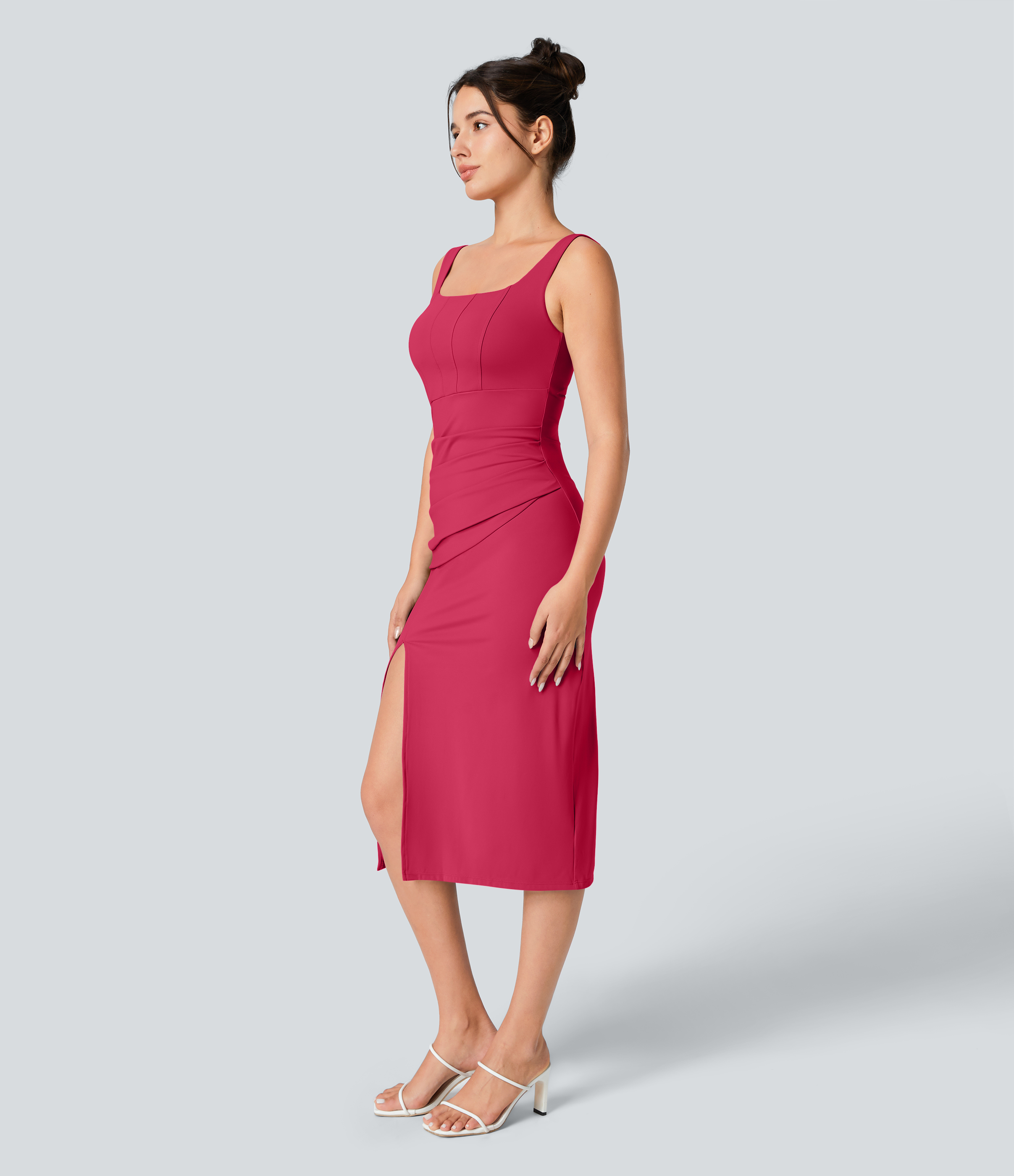 Airy Square Neck Backless Corset Ruched Split Bodycon Midi Cool Touch Bridesmaid and Wedding Guest Dress