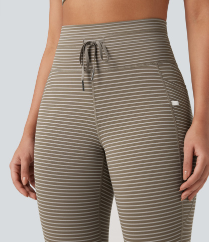 High Waisted Drawstring Striped Yoga Leggings with Pockets