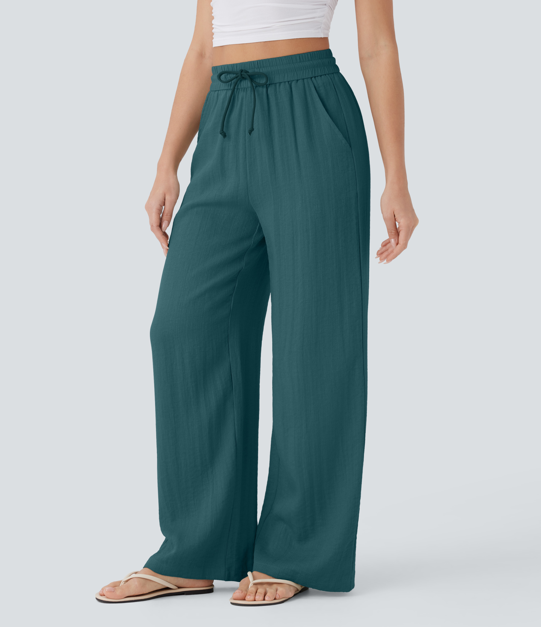 High Waisted Drawstring Pocket Wide Leg Casual Linen-Feel Pants