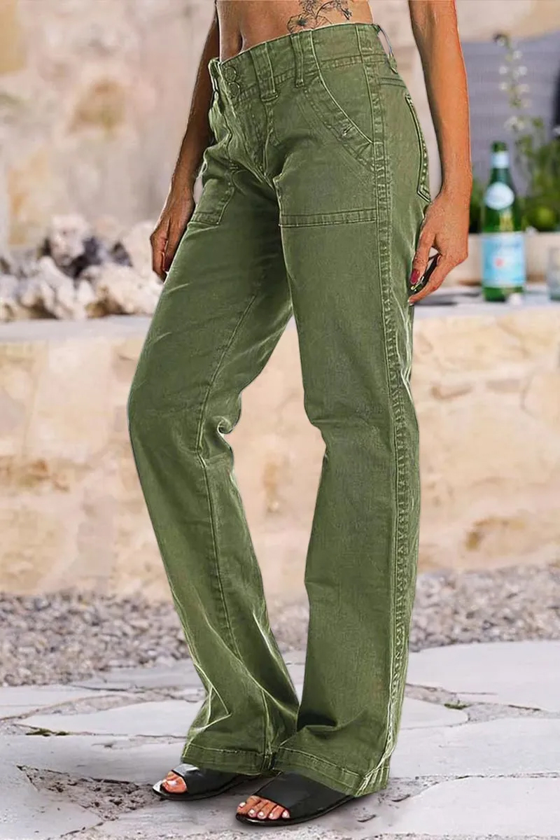 Double Button Mid Waist Straight Leg Pants