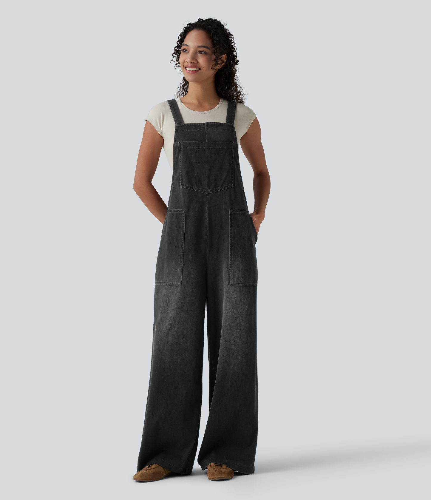 Square Neck Washed Denim Casual Overalls with Pockets