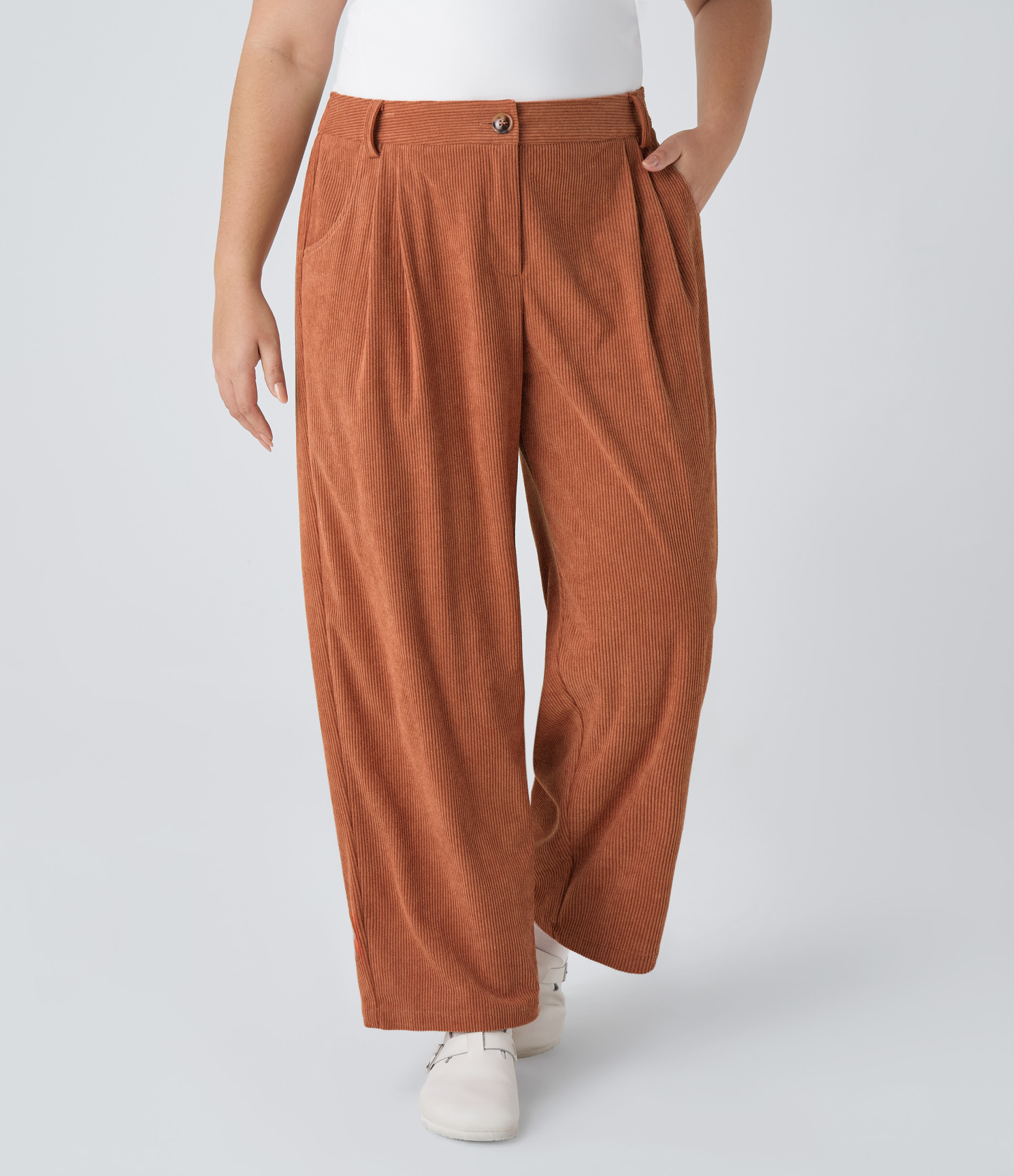Mid Rise Zipper Pocket Plus Size Corduroy Casual Pants