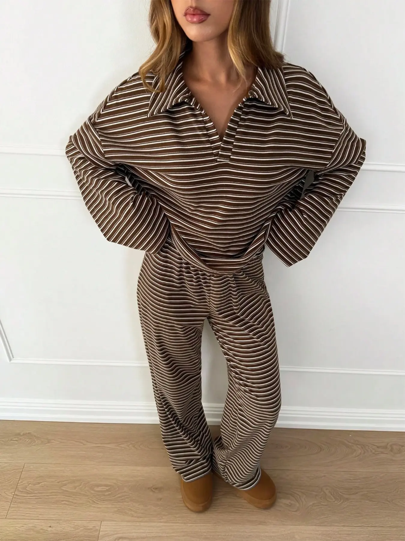 2-Piece Striped V-Neck Lounge Set