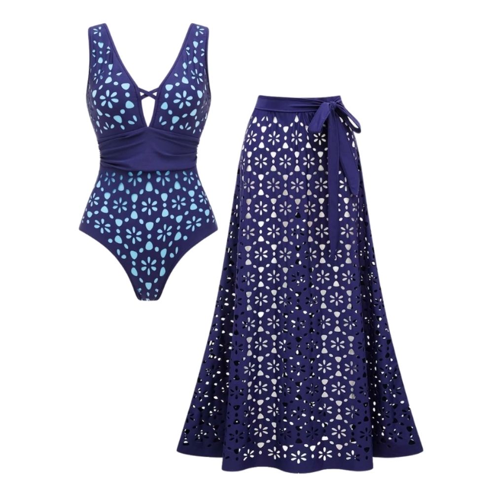 Laser Hollow Out One Piece Swimsuit and Skirt