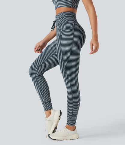 High Waisted Drawstring Striped Yoga Leggings with Pockets
