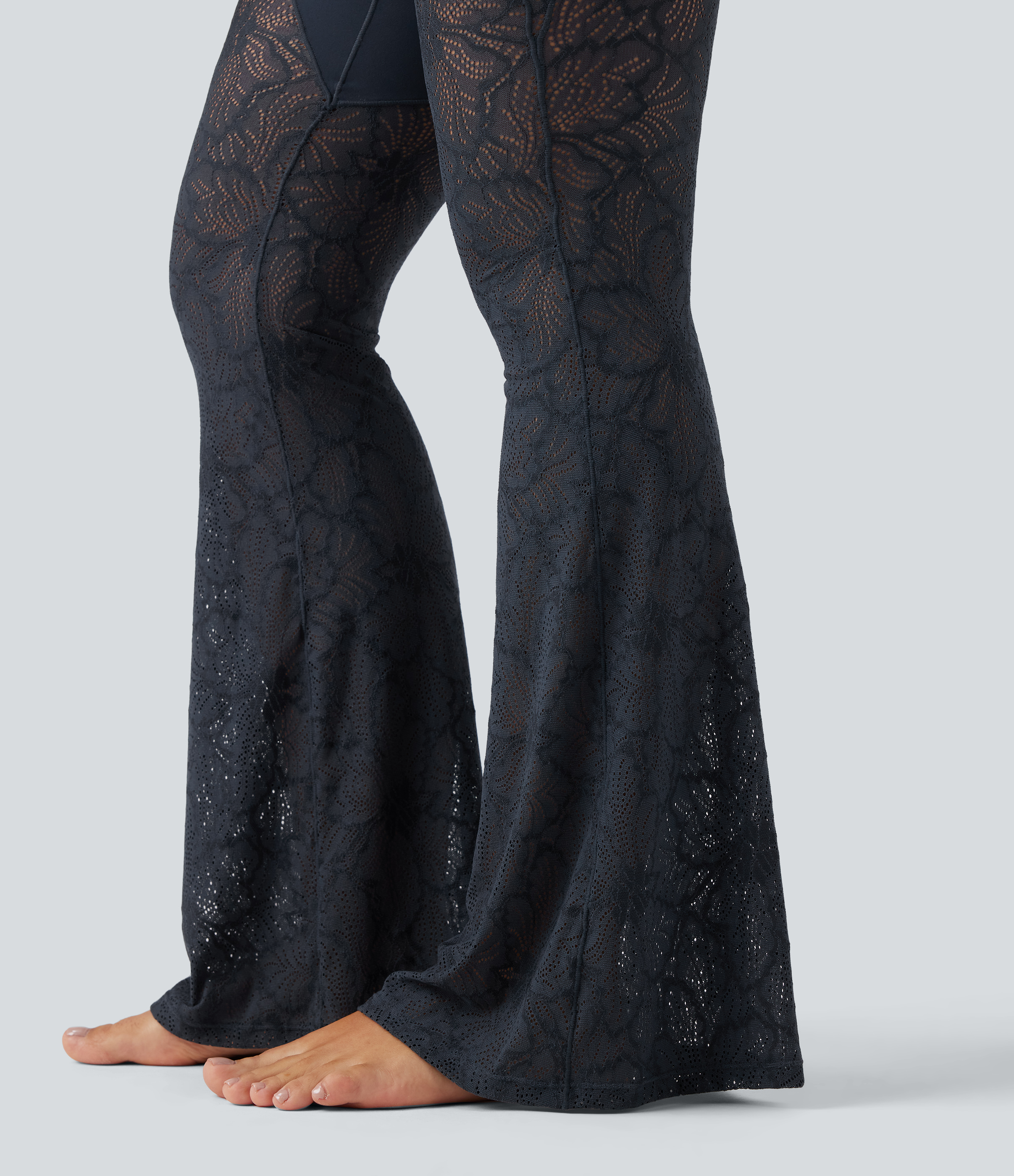 High Waisted Tummy Control Contrast Lace Yoga Flare Leggings with Pocket