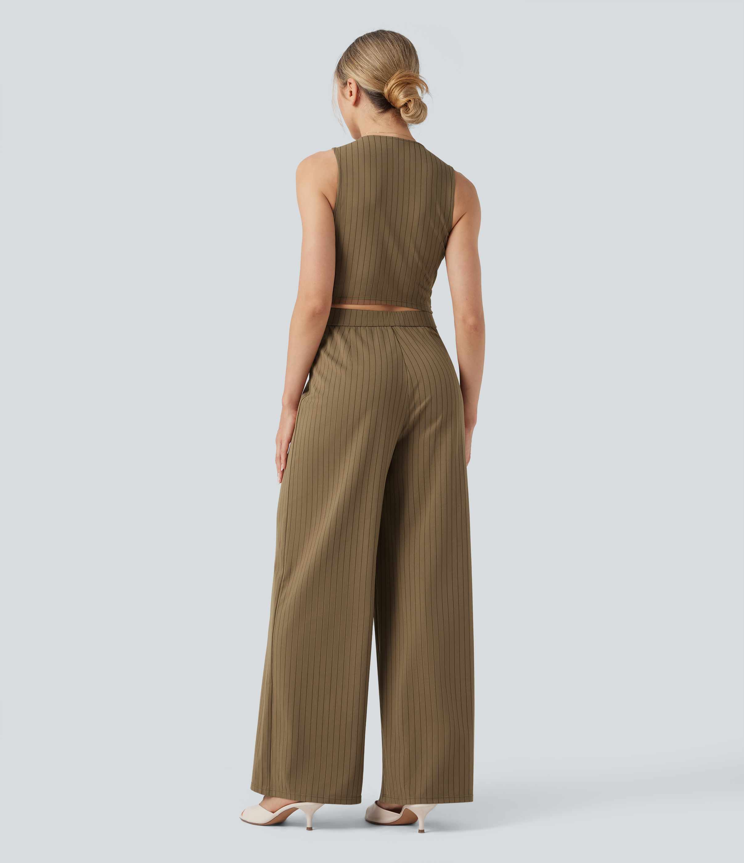 V Neck Sleeveless Cut Out Pockets Wide Leg Stripe Cool Touch Work Jumpsuit