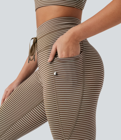 High Waisted Drawstring Striped Yoga Leggings with Pockets