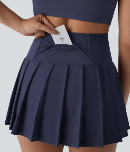 High Waisted Pleated 2-in-1 Side & Pocket Asymmetric Hem Quick Dry Mini Dance Skirt
