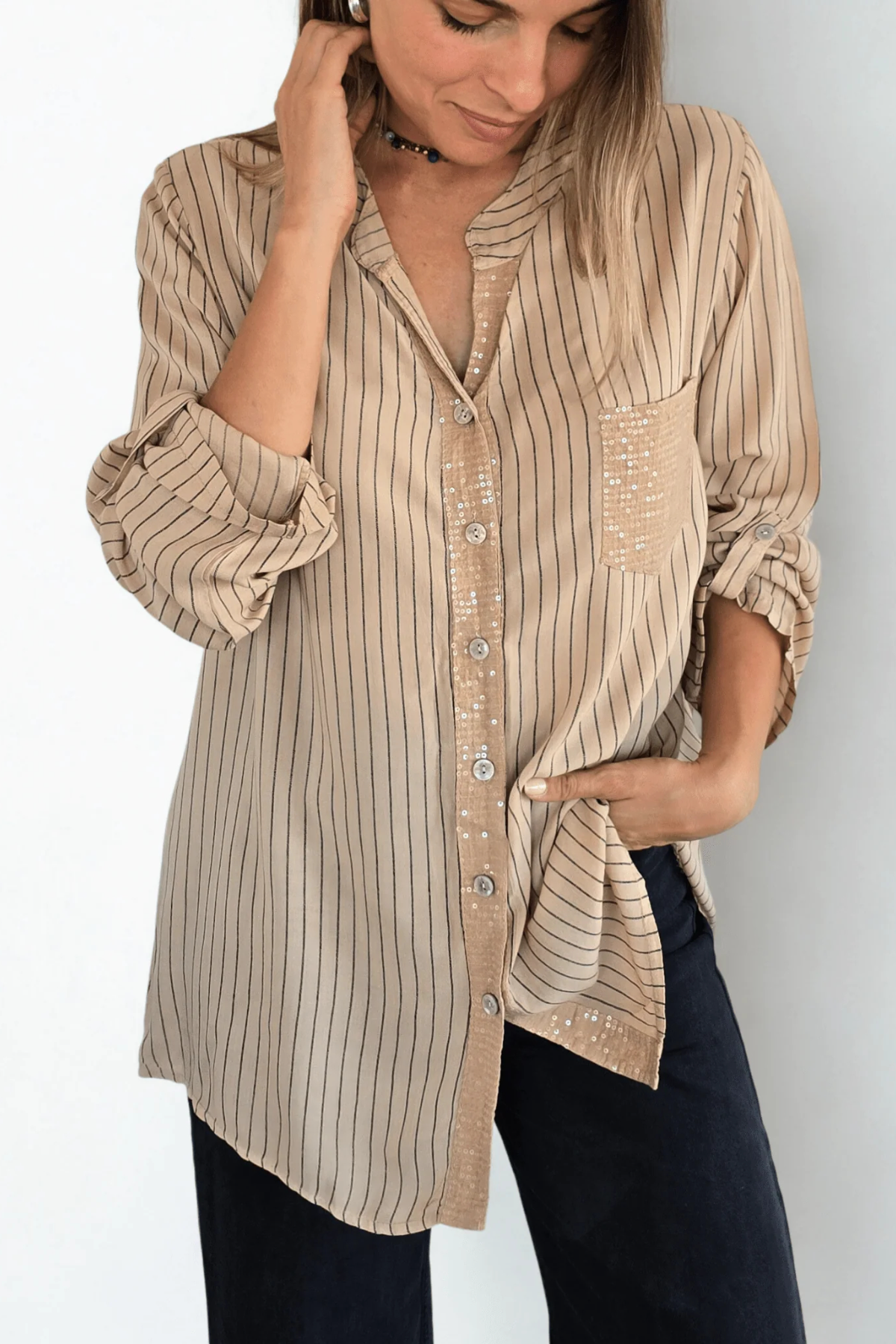 Women's Striped Shimmering Long-sleeved Shirt