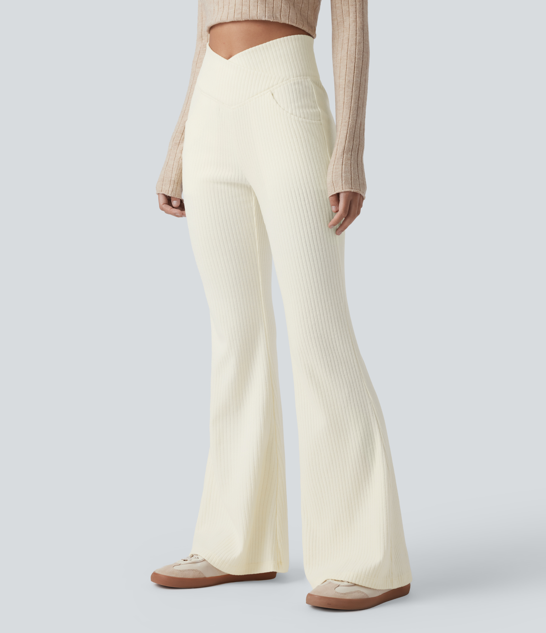 Ribbed Knit Crossover High Waisted Pocket Casual Flare Pants