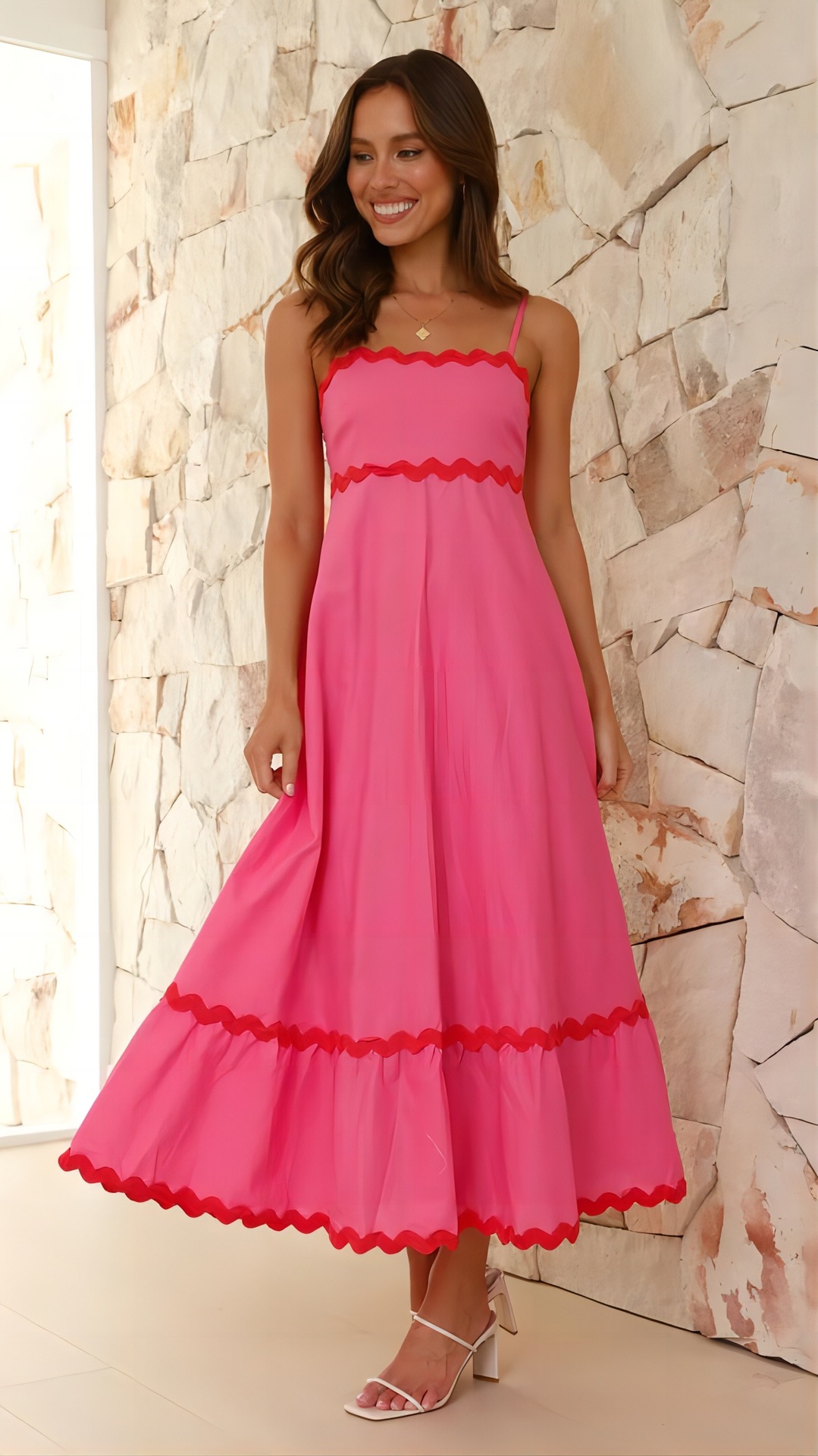 Sling Solid Color Wave Midi Dress