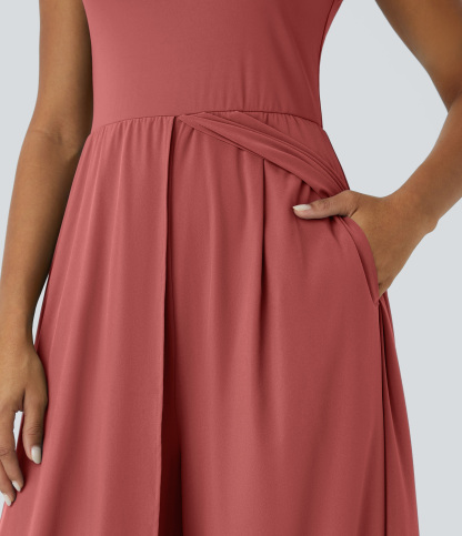 Zipper Sleeveless Pocket Contrast Quick Dry Jumpsuit