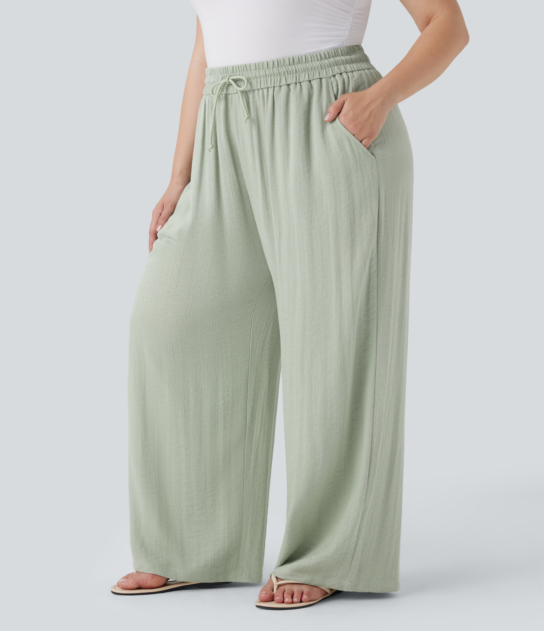 High Waisted Drawstring Linen-Feel Wide Leg Casual Plus Size Pants with Pockets
