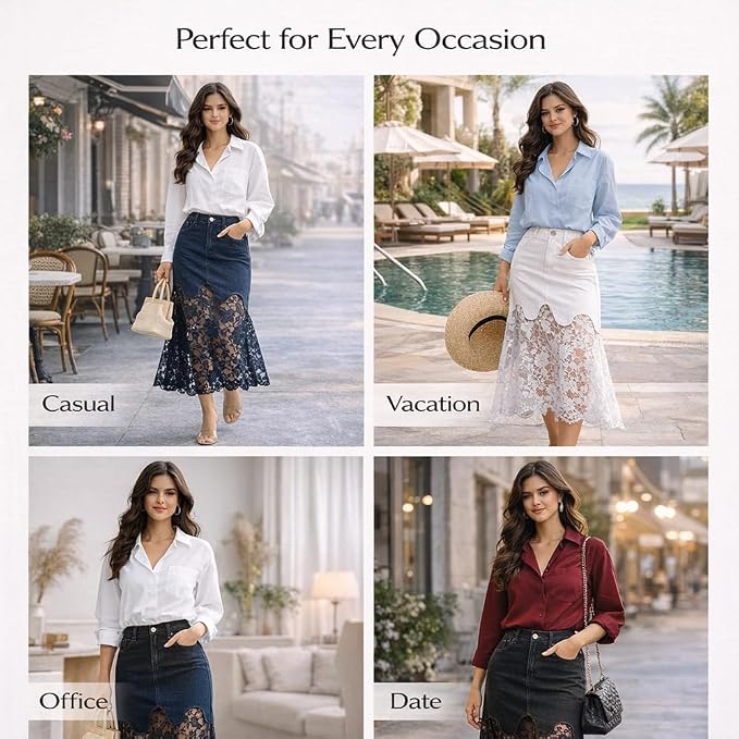 Women Lace Eyelet Patchwork Jean Skirt High Waisted Boho Floral Mesh Sheer Long Denim A Line Maxi Jean Skirt with Pockets