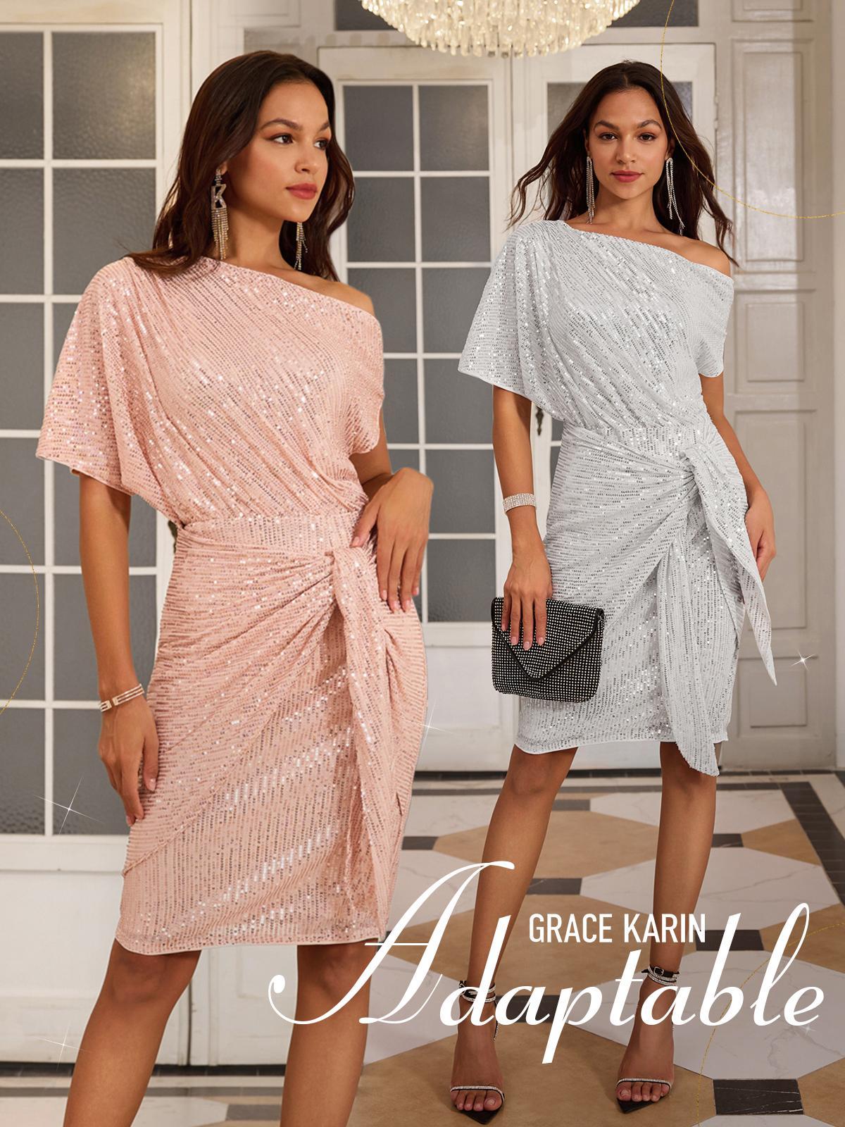 【Delicate Sequin Design】GRACE KARIN Cocktail Dresses for Evening Party One Shoulder Ruched Sequin Dresses