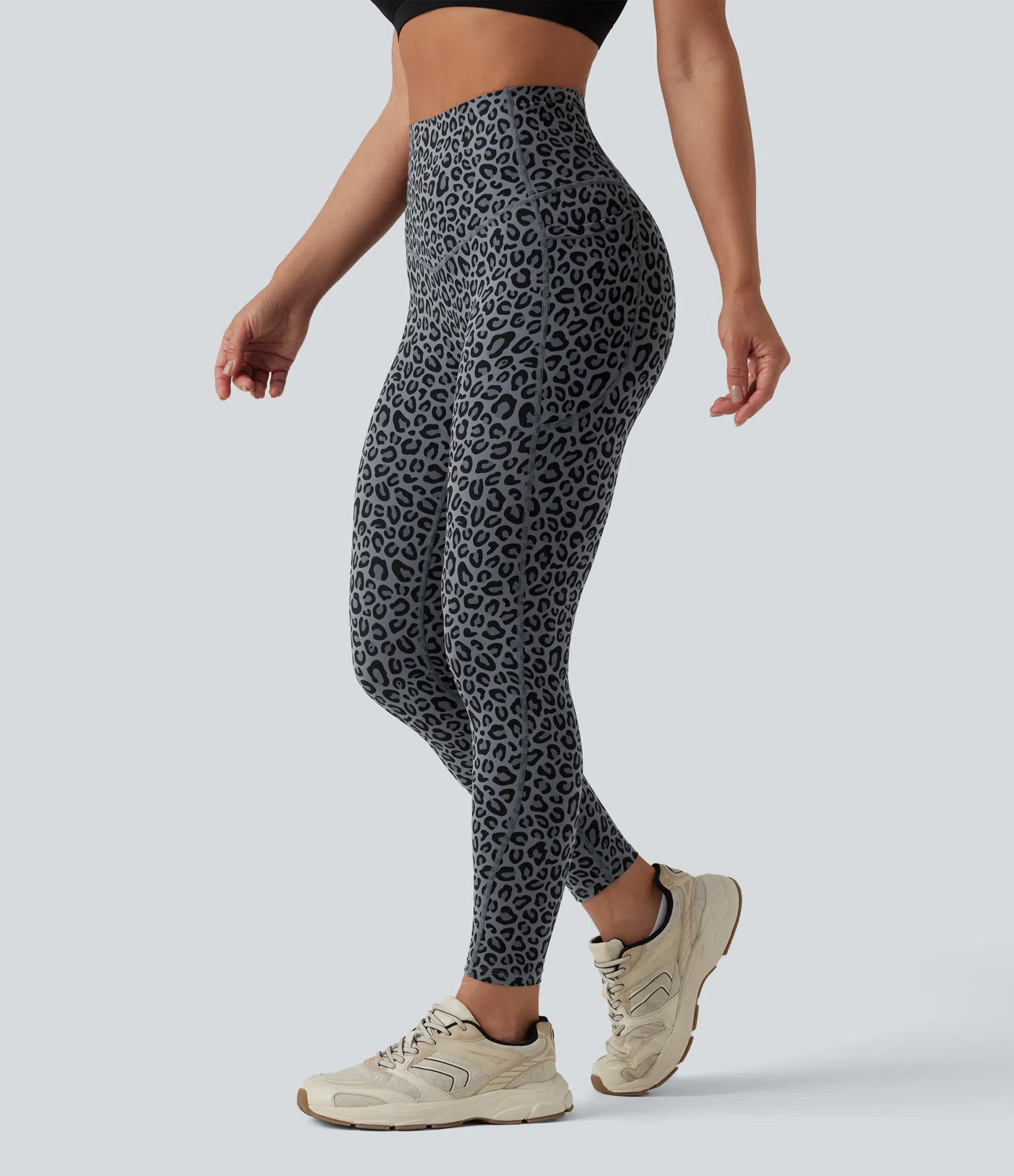 Leopard Print High Waisted Tummy Control Yoga Leggings with Pockets