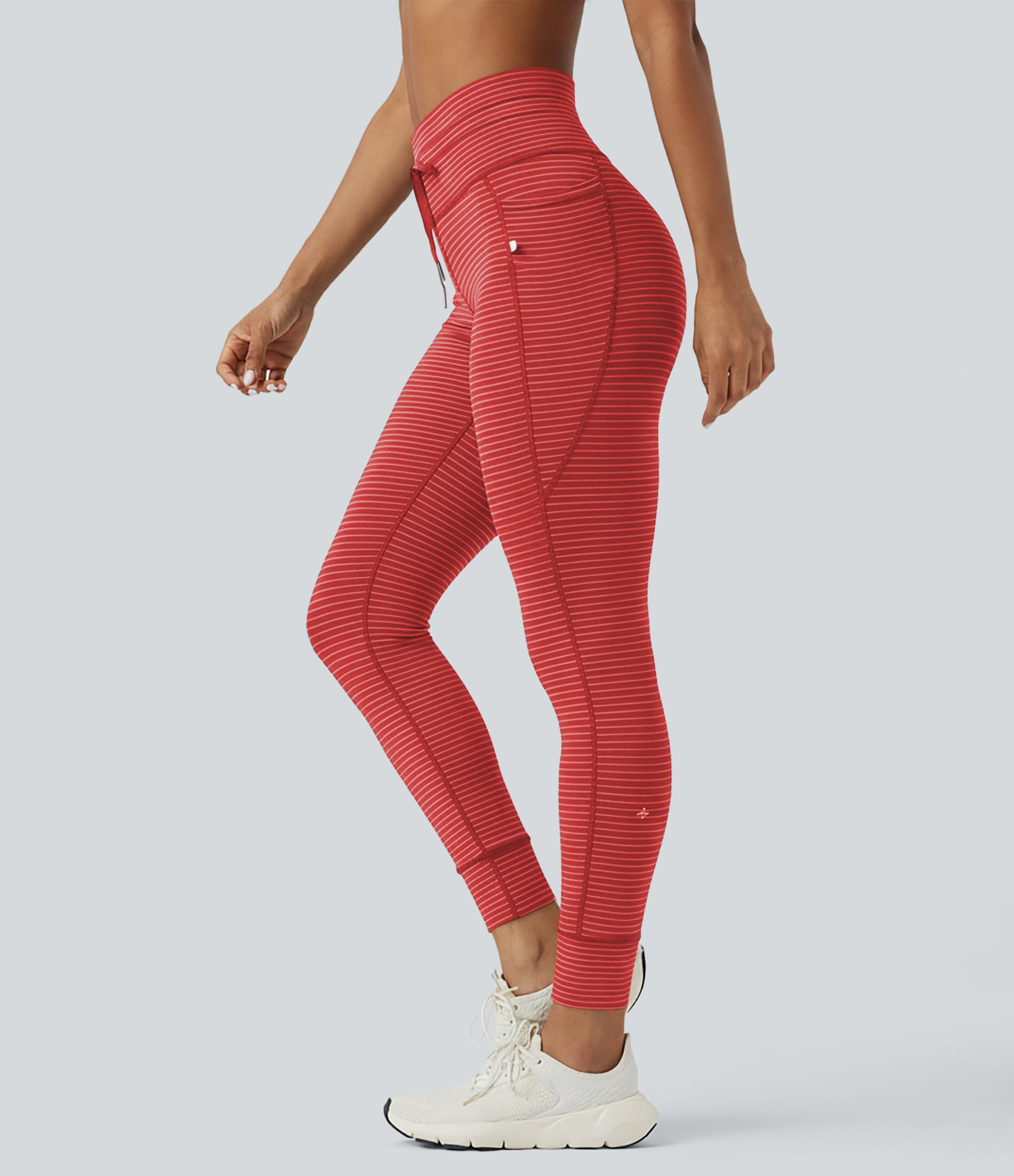 High Waisted Drawstring Striped Yoga Leggings with Pockets