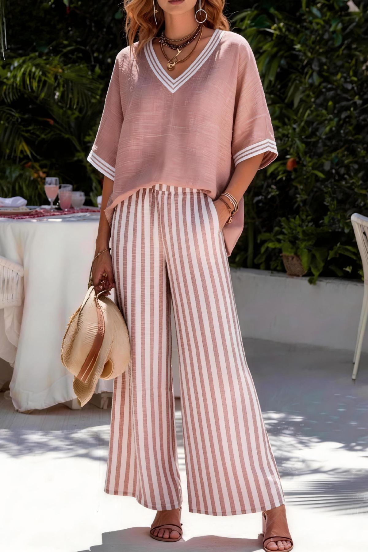 Women's Casual Striped Two-Piece Set — Comfortable, Loose-Fit V-Neck