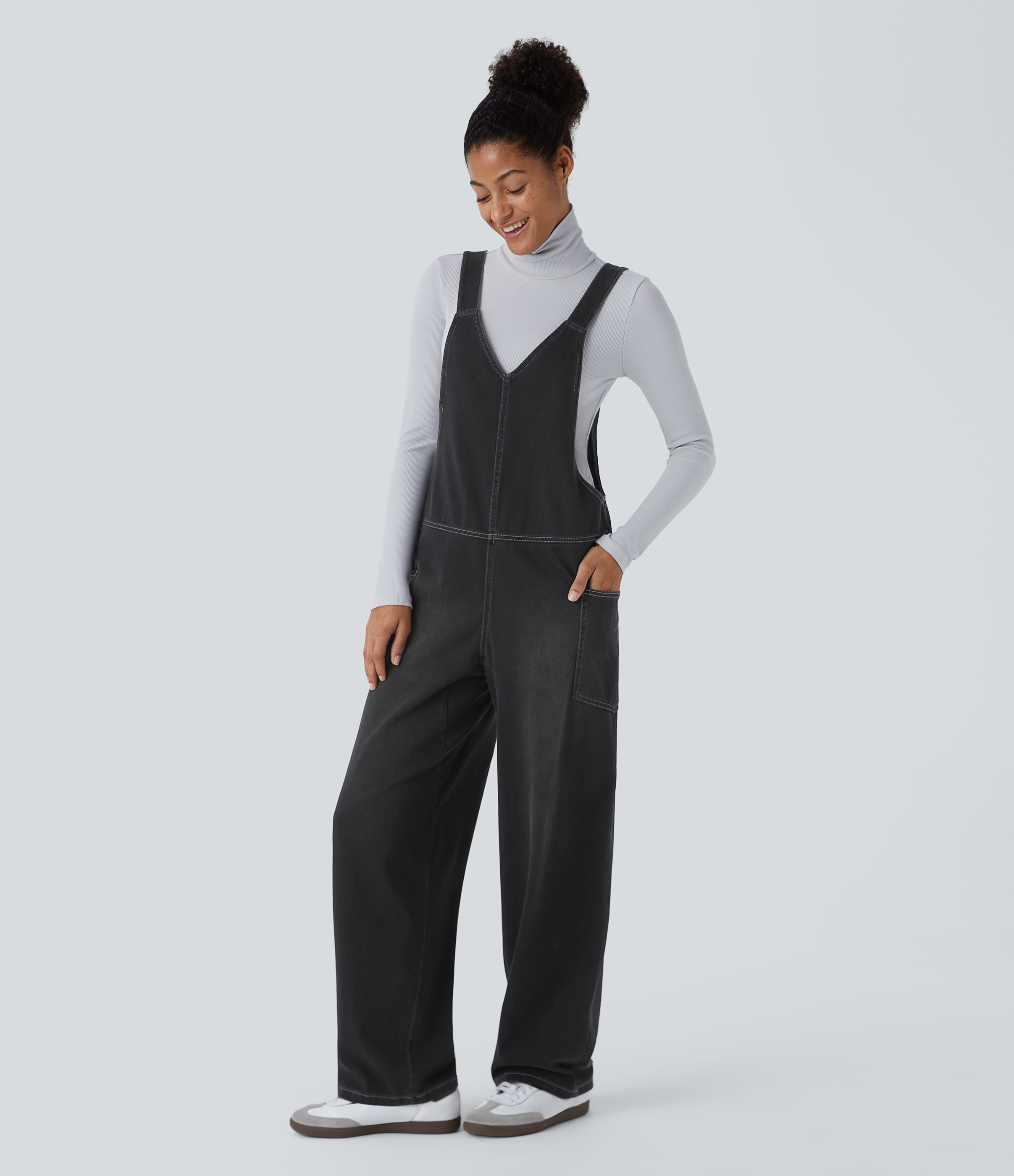 V Neck Pocket Washed Denim Casual Overalls