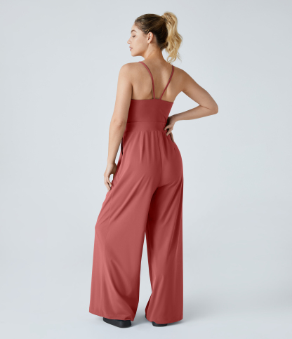 Backless Side Invisible Zipper Pocket Wide Leg Quick Dry Resort Slip Jumpsuit