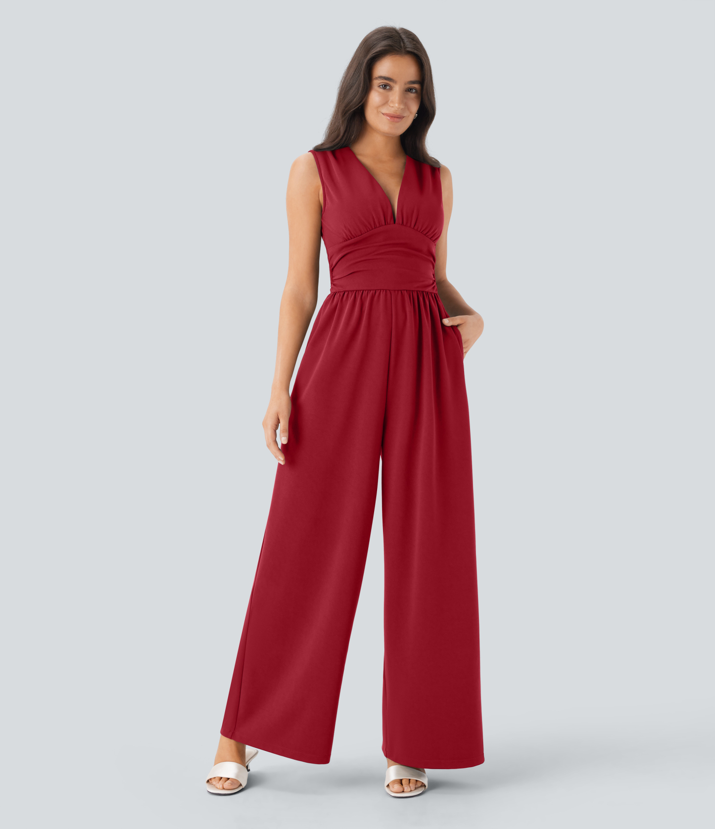 V Neck Sleeveless Ruched Pocket Jumpsuit-Easy Peezy