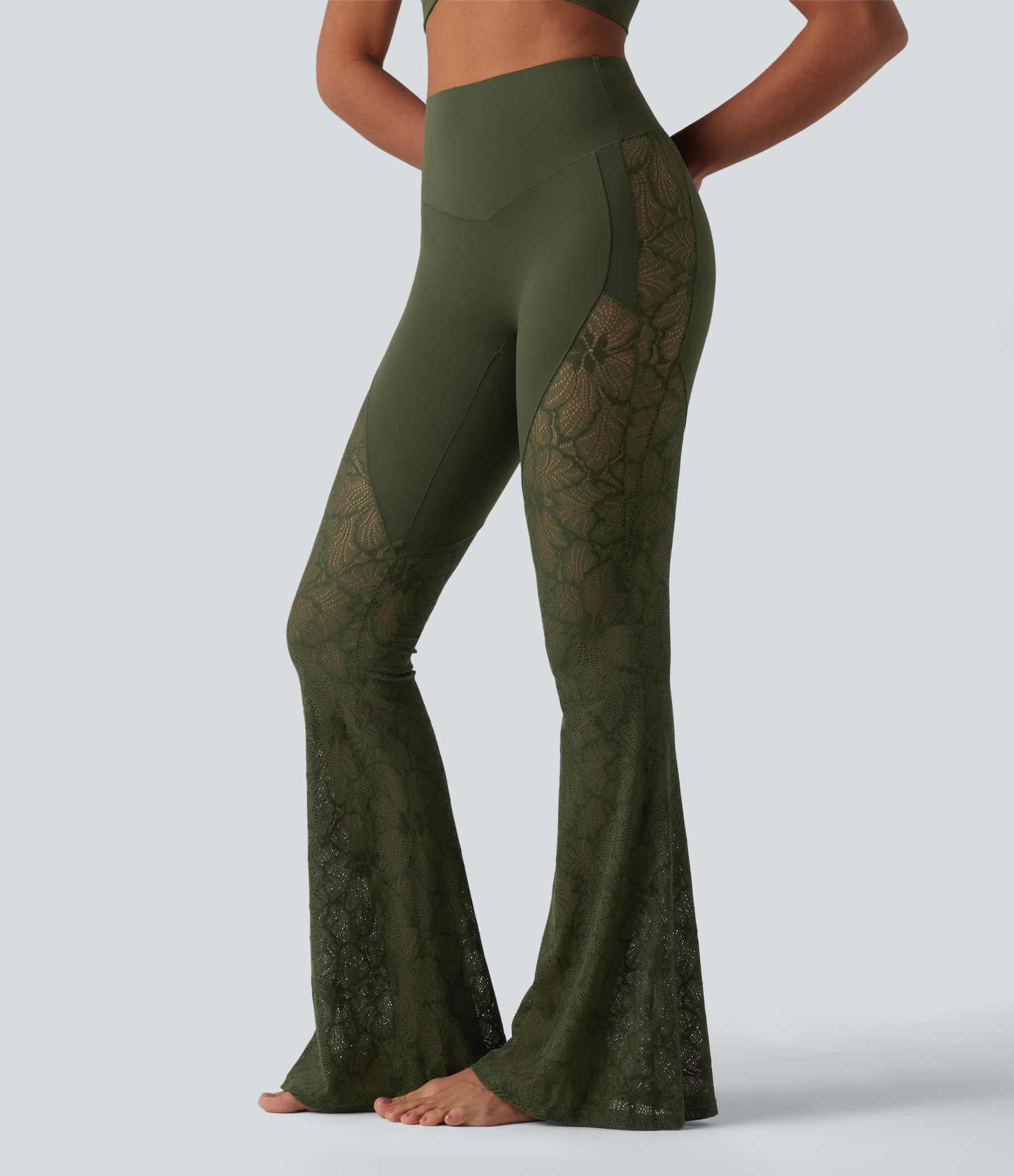 High Waisted Tummy Control Contrast Lace Yoga Flare Leggings with Pocket