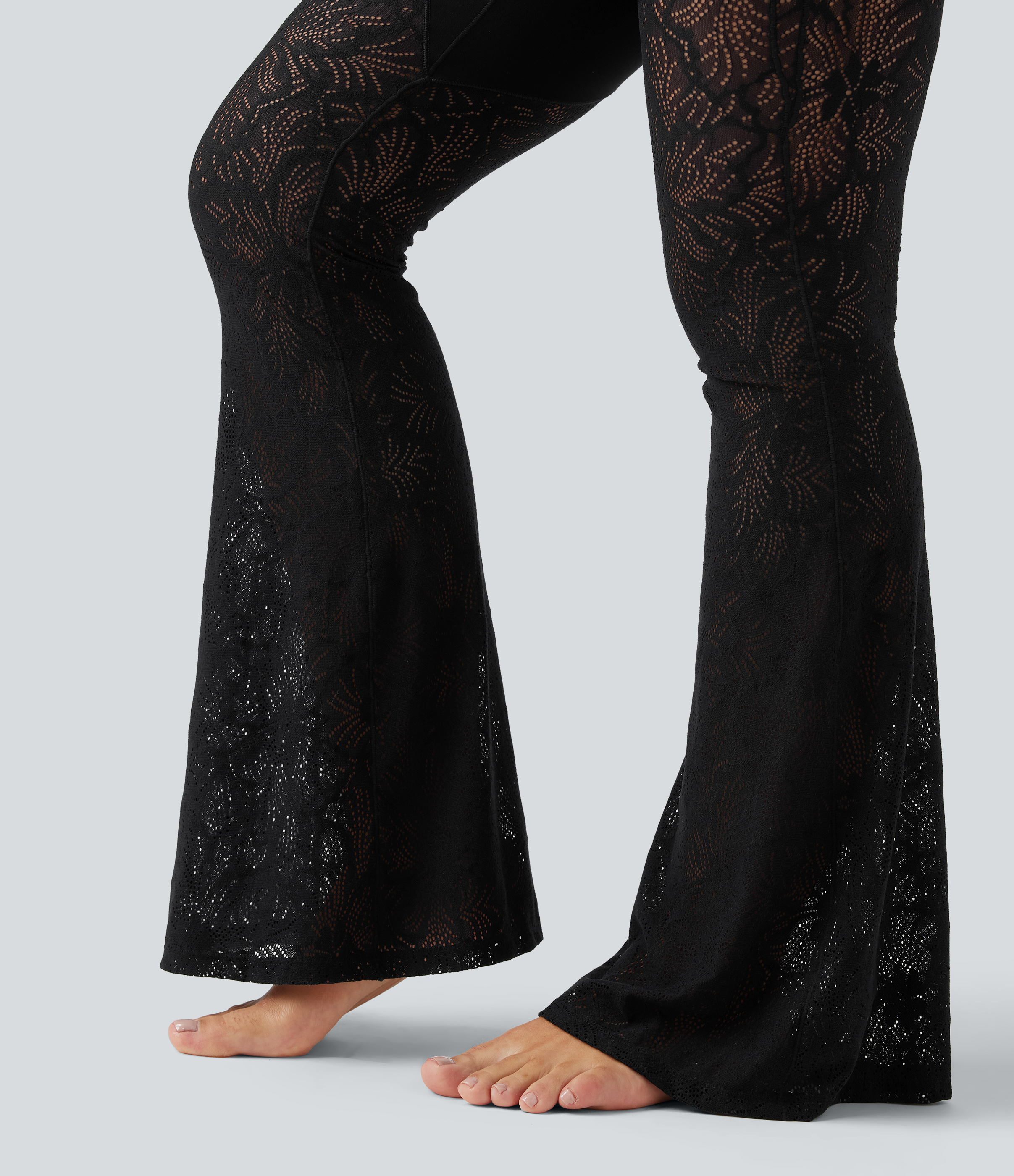 High Waisted Tummy Control Contrast Lace Yoga Flare Leggings with Pocket