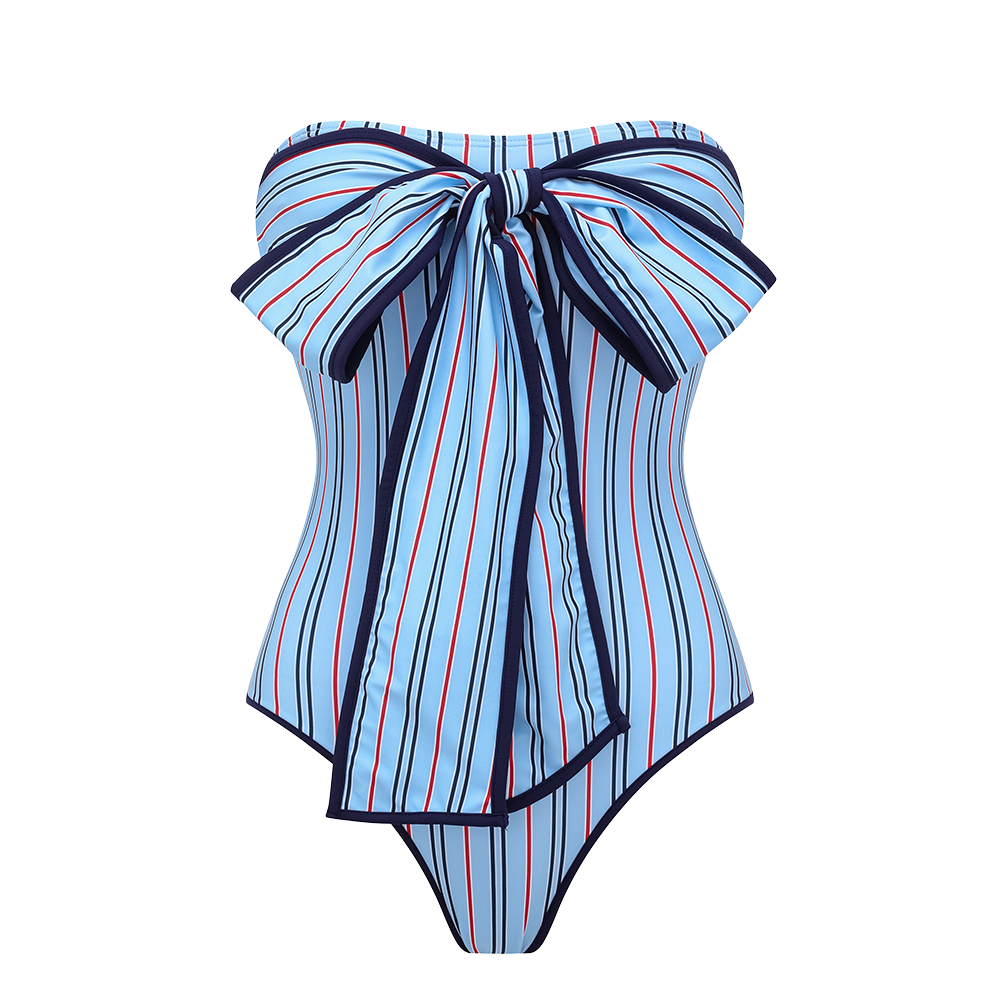 Multi-Way Striped Bowknot One Piece Swimsuit and Skirt