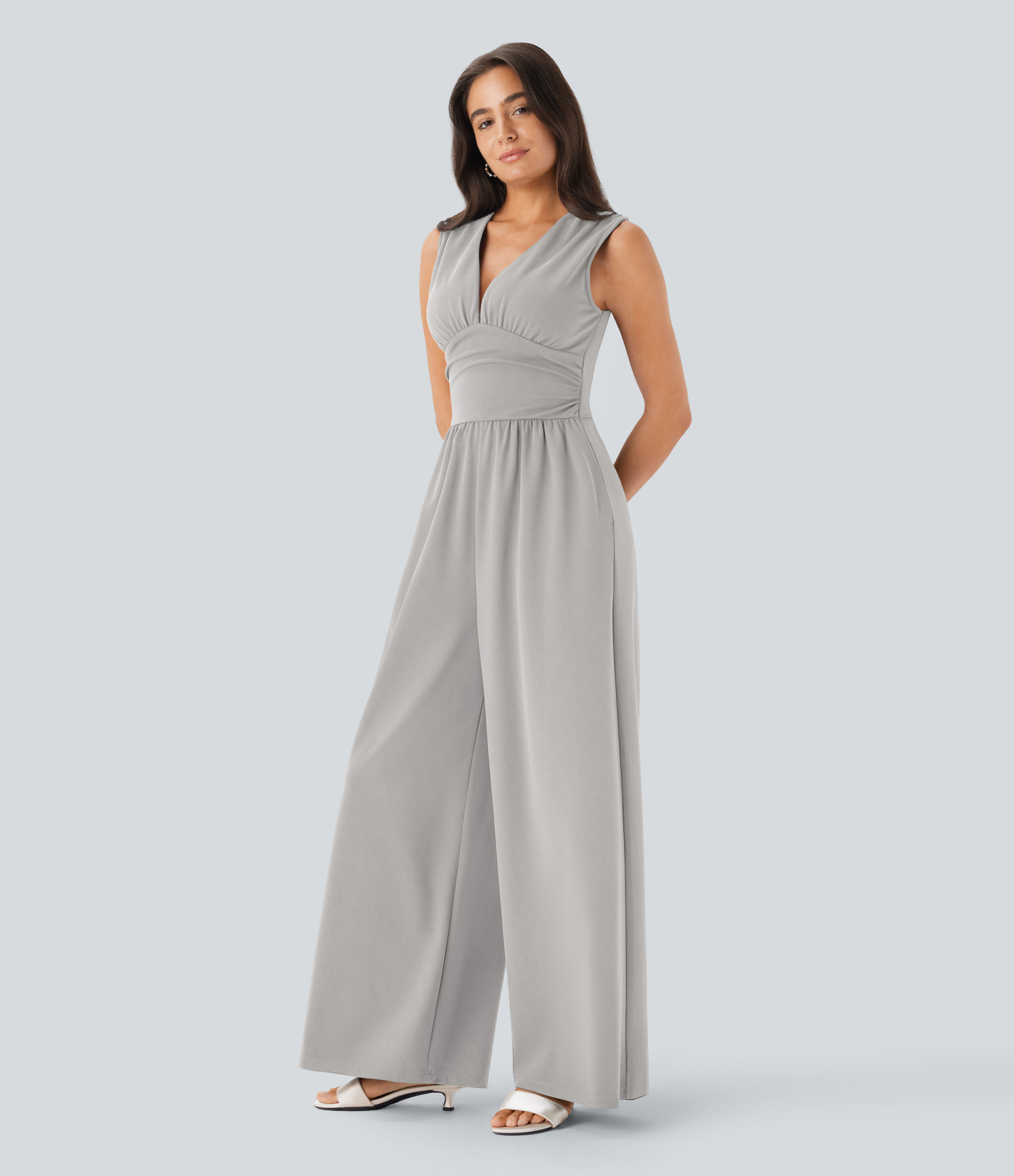 V Neck Sleeveless Ruched Pocket Jumpsuit-Easy Peezy