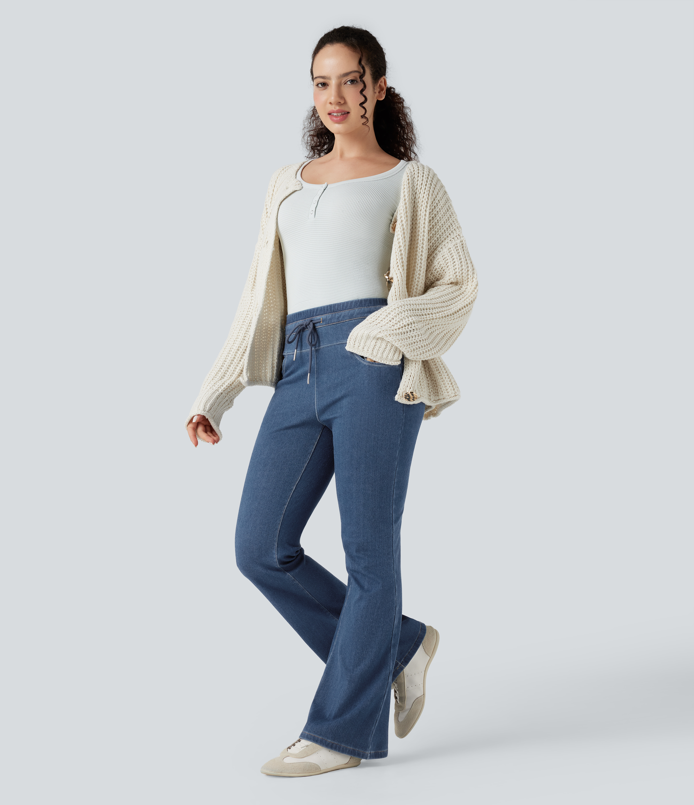 Denim Heat High Waisted Drawstring Casual Flare Leggings with Pockets