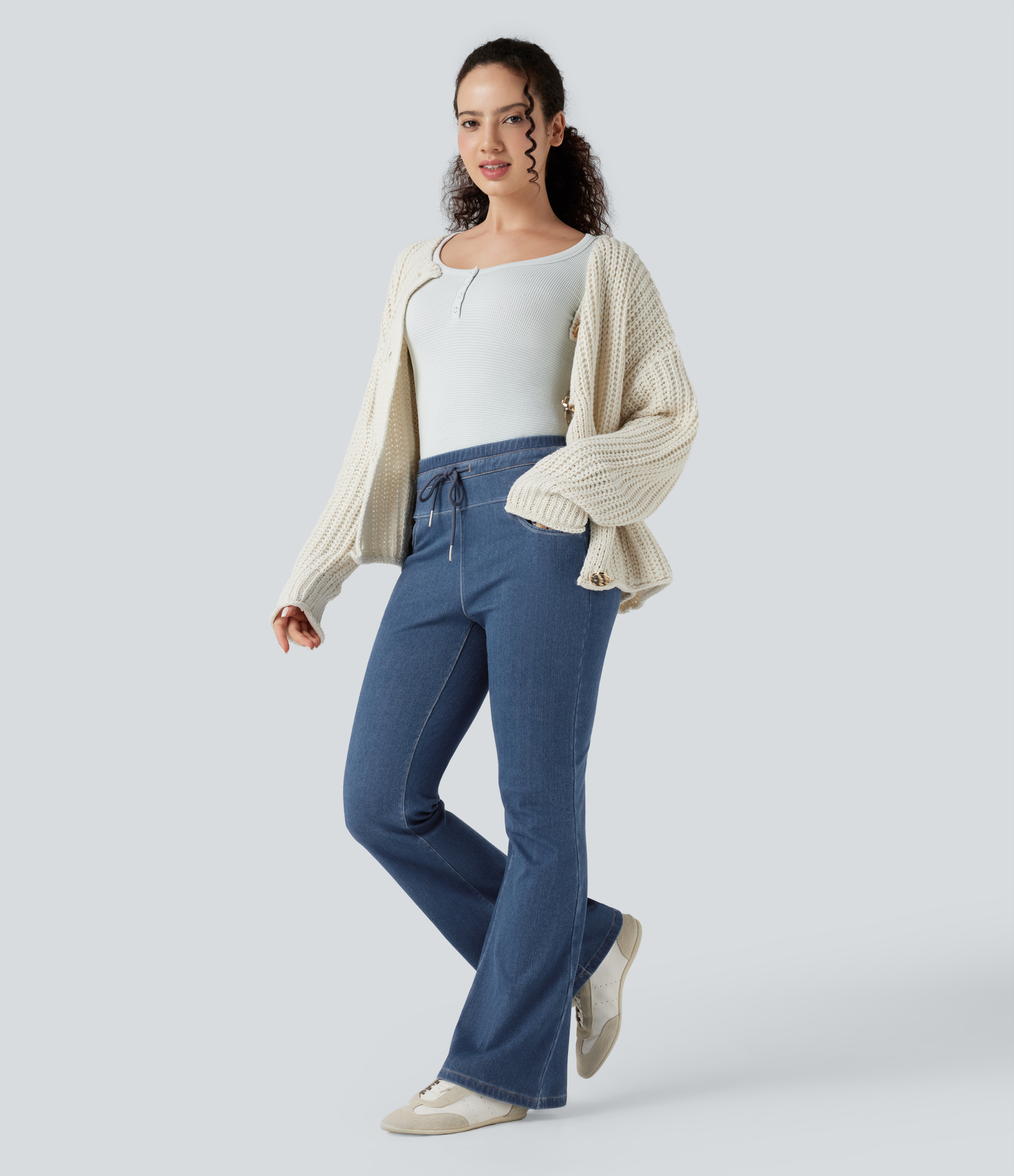 Denim Heat High Waisted Drawstring Casual Flare Leggings with Pockets