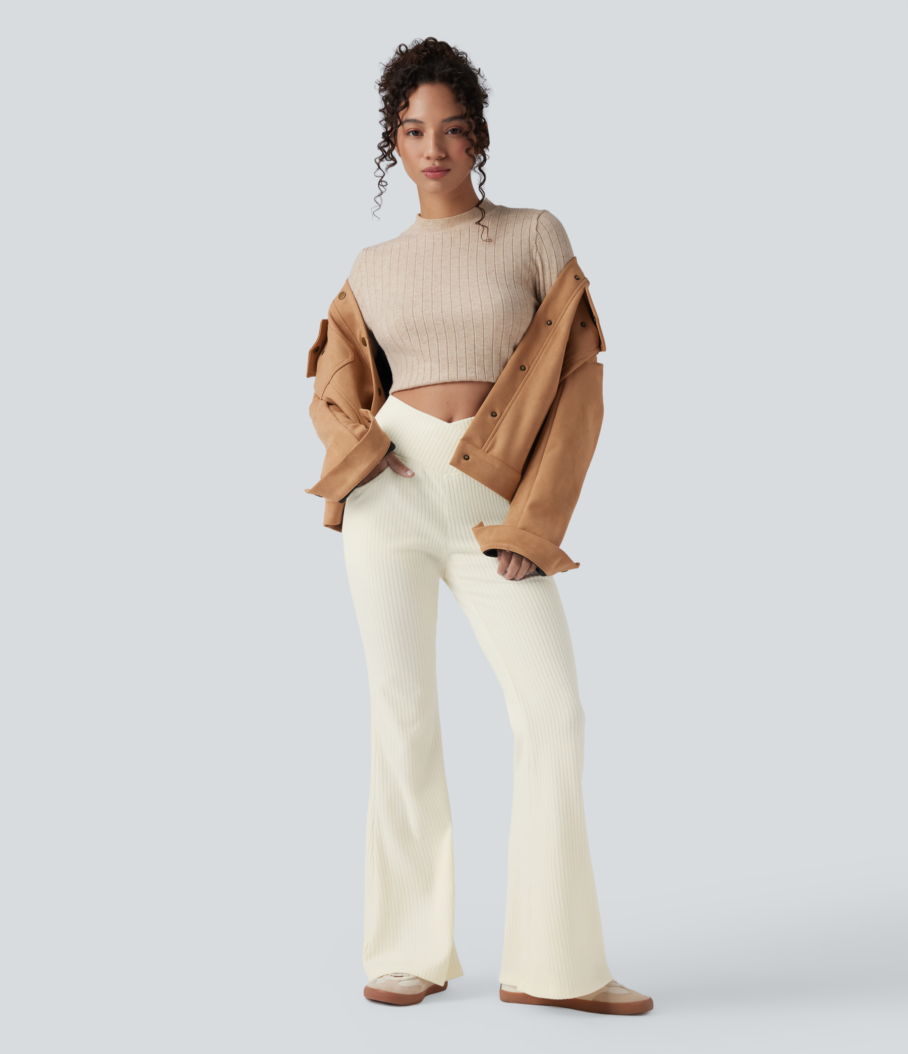 Ribbed Knit Crossover High Waisted Pocket Casual Flare Pants